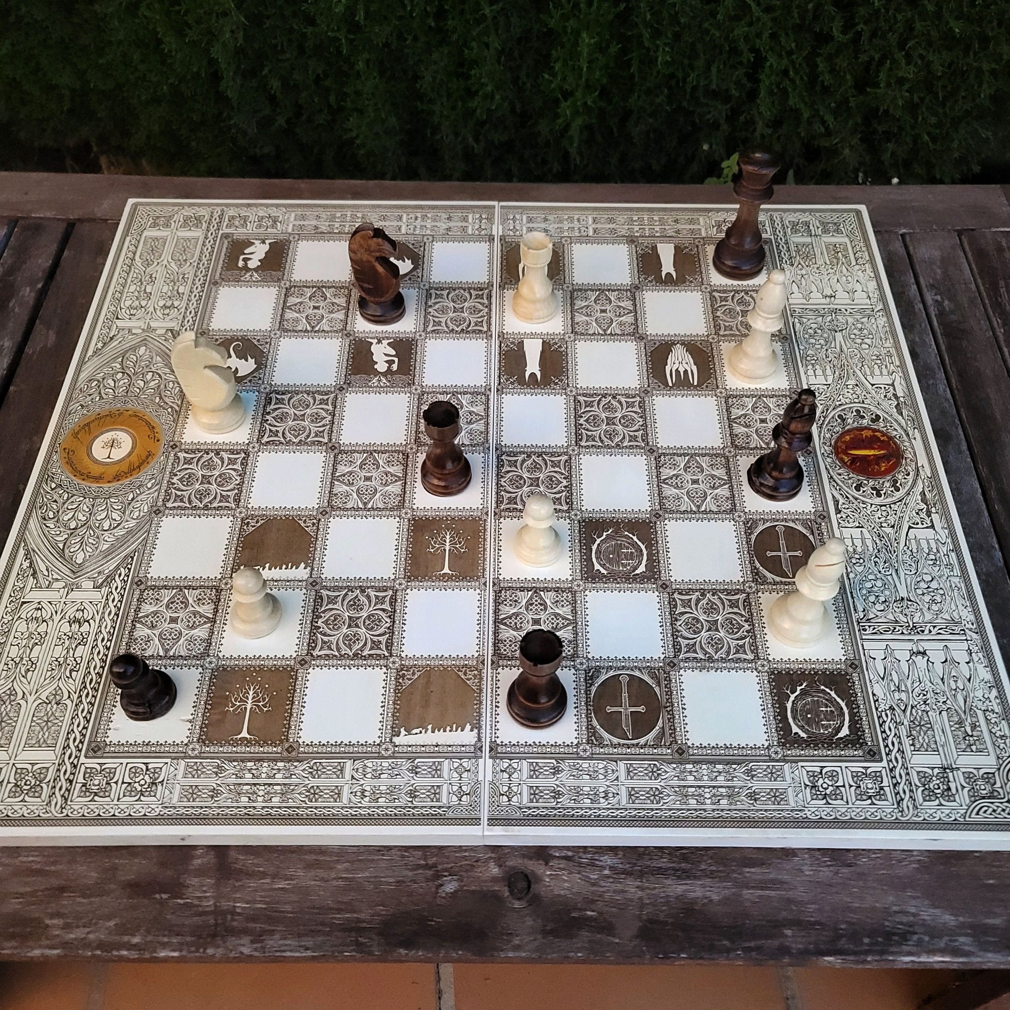 wood chessboard LOTR theme tournament size, laser engraved ,white and brown
