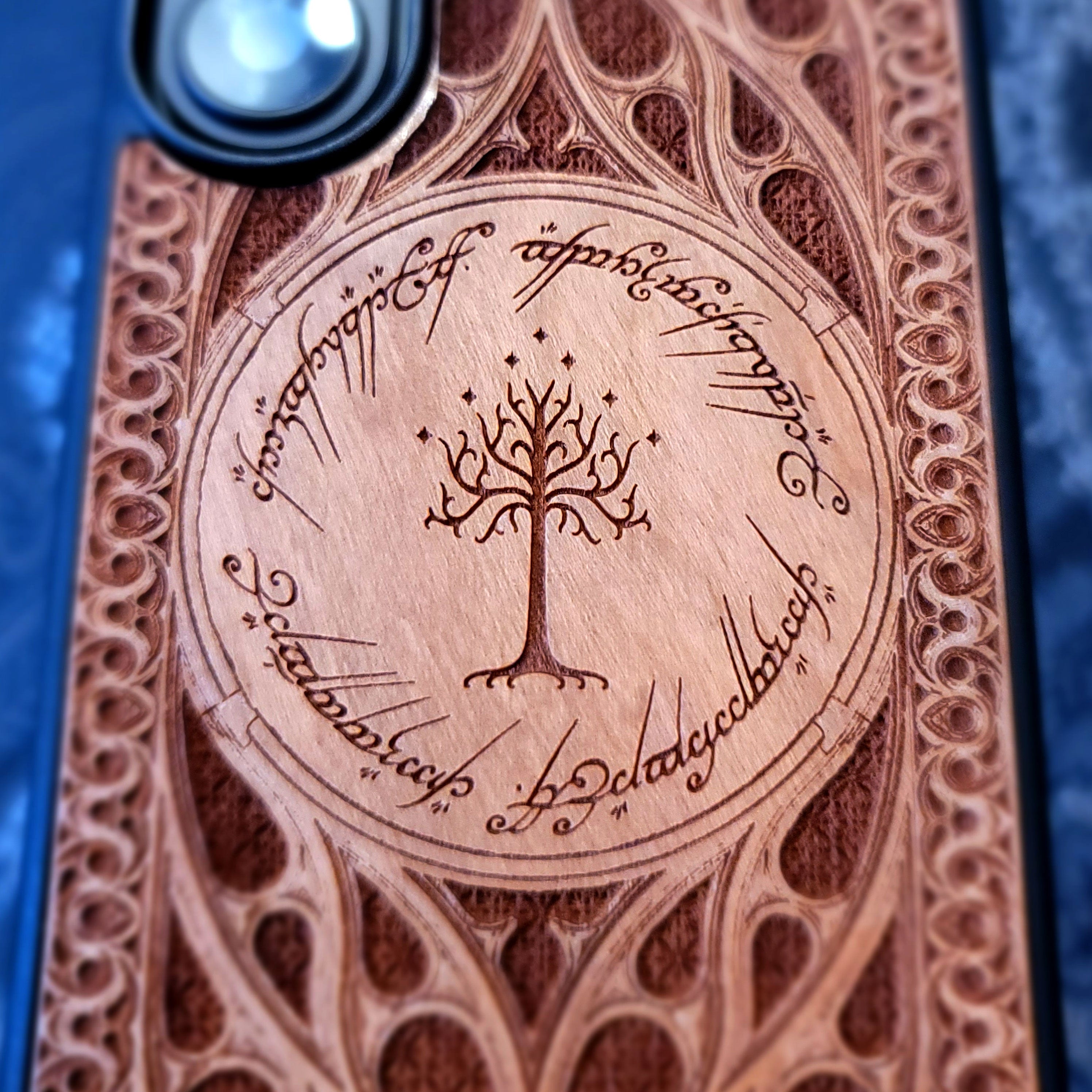 laser engraved wooden phone case featuring the White Tree of Gondor inspired fantasy design for iPhone and Samsung Galaxy.