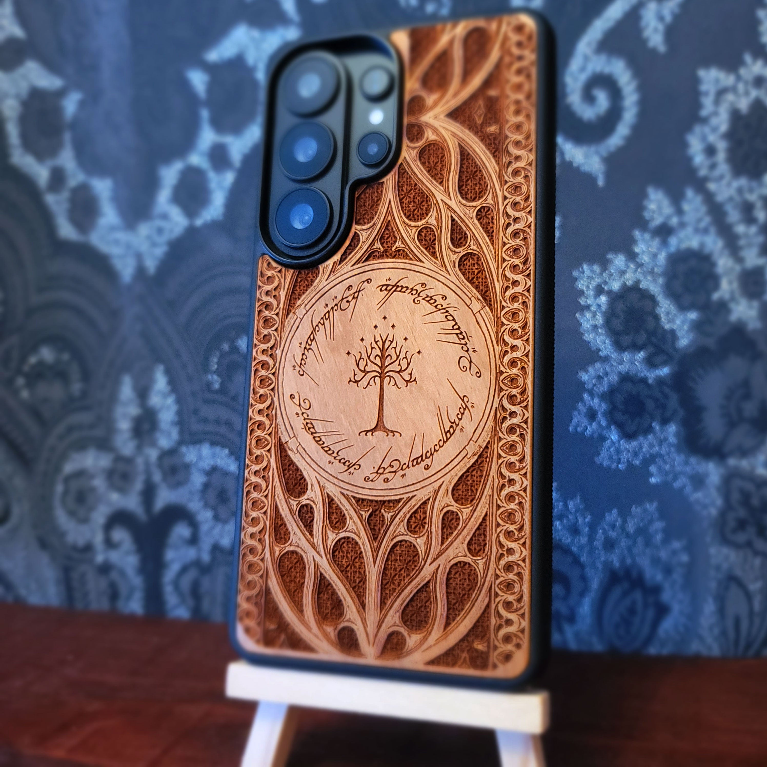 laser engraved wooden phone case featuring the White Tree of Gondor inspired fantasy design for iPhone and Samsung Galaxy.