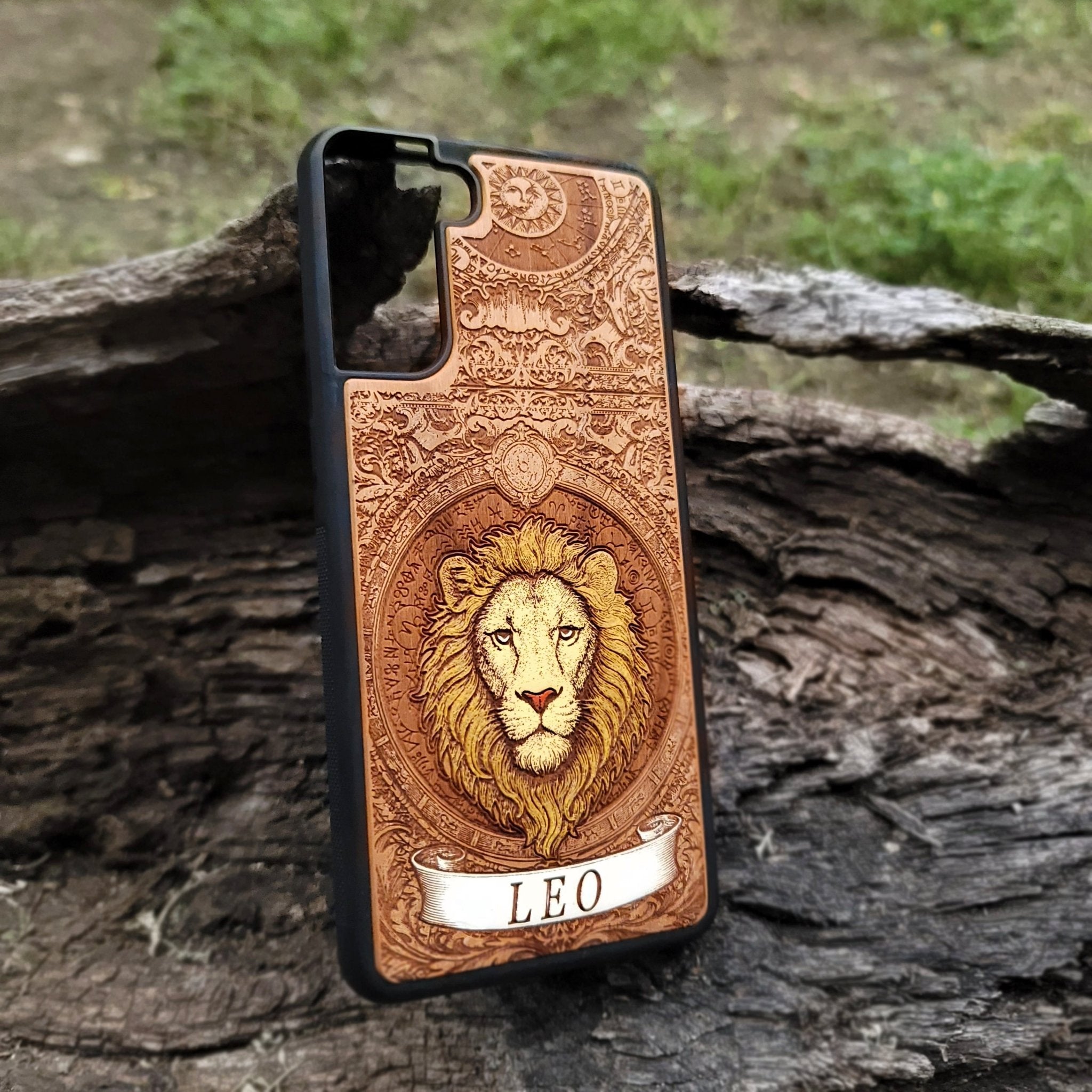 Handmade Leo zodiac wood phone cover with rustic finish
