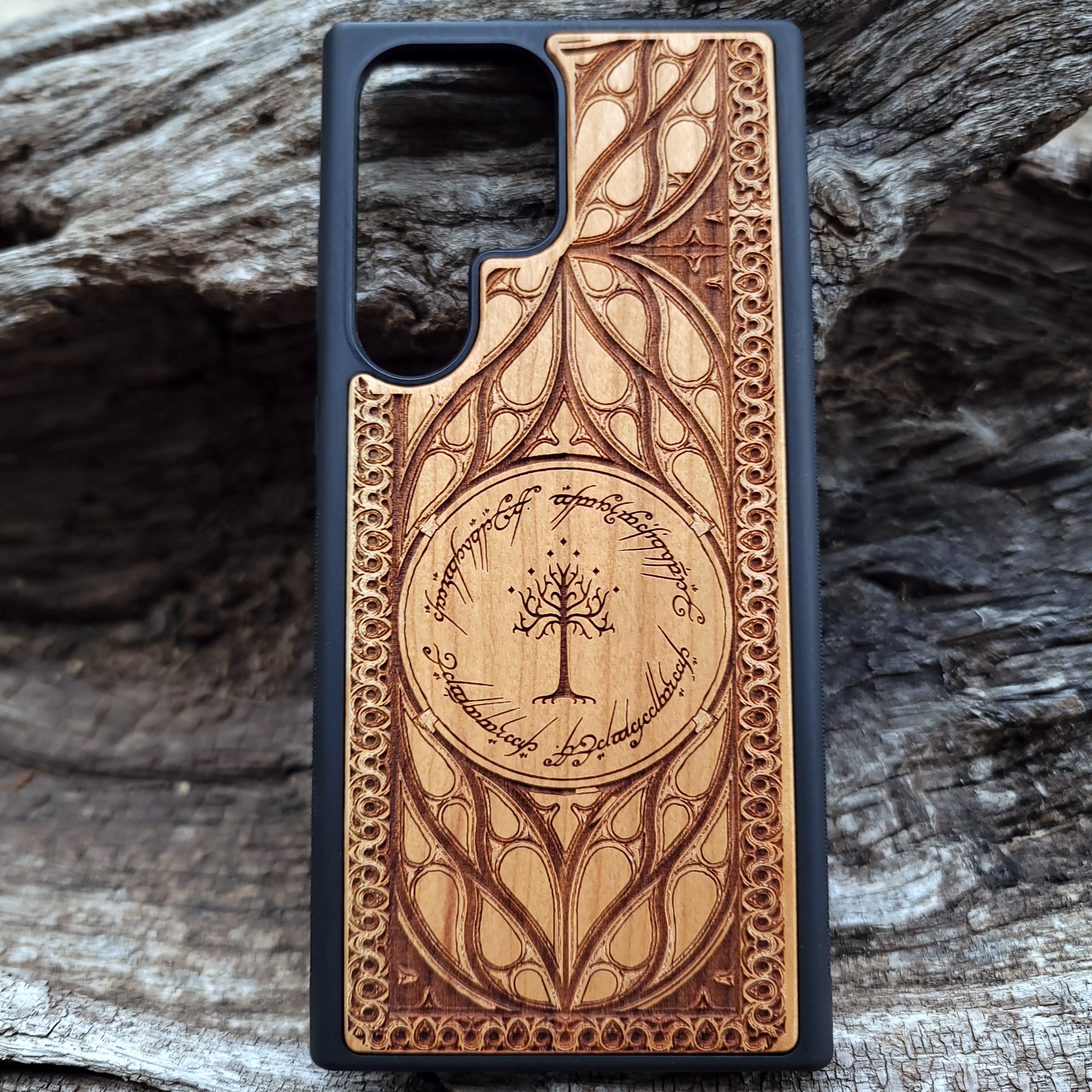 Lord of the Rings symbol wood phone case, laser engraved design