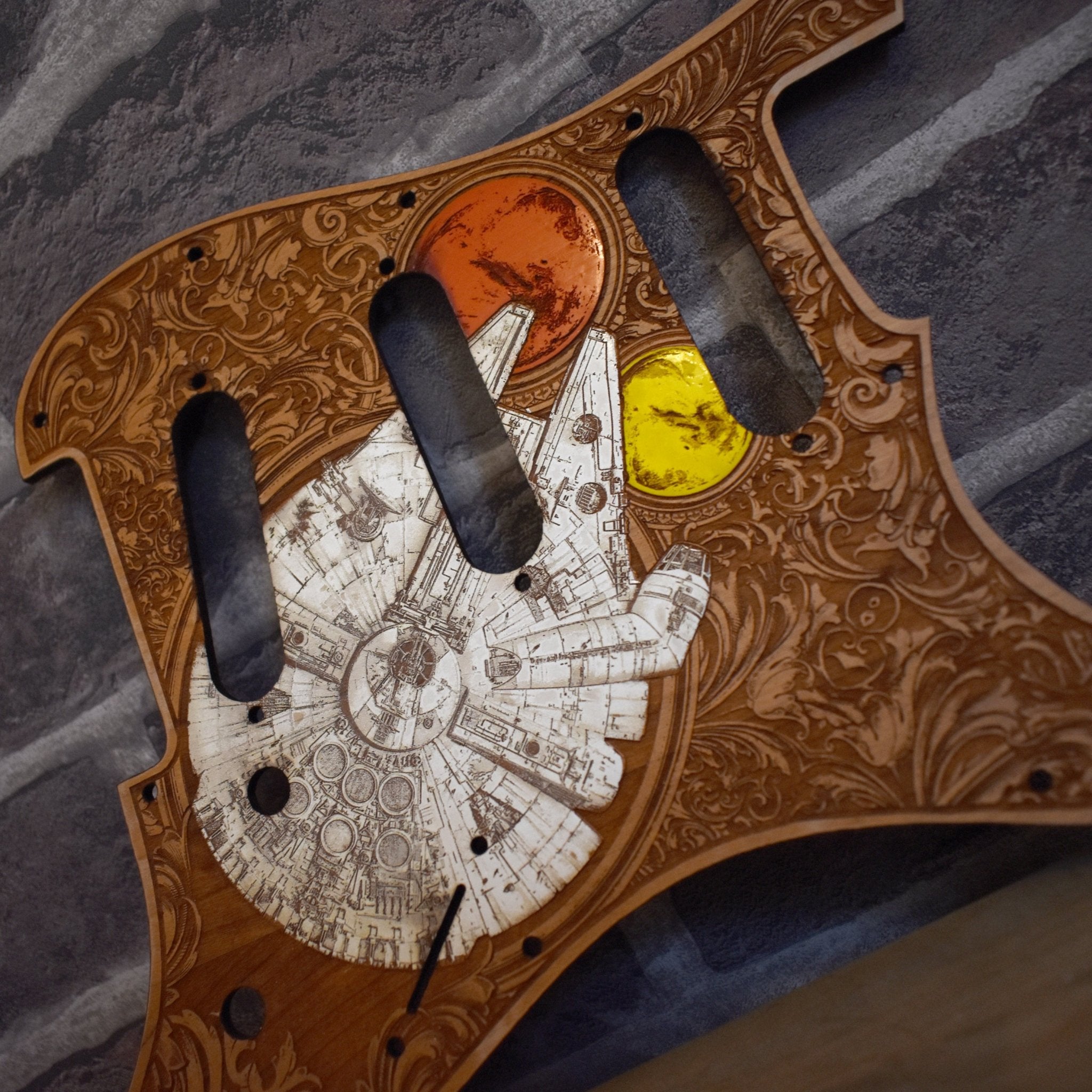 Stratocaster HSS & SSS Wood Pickguard - Millennium Falcon Hand Painted