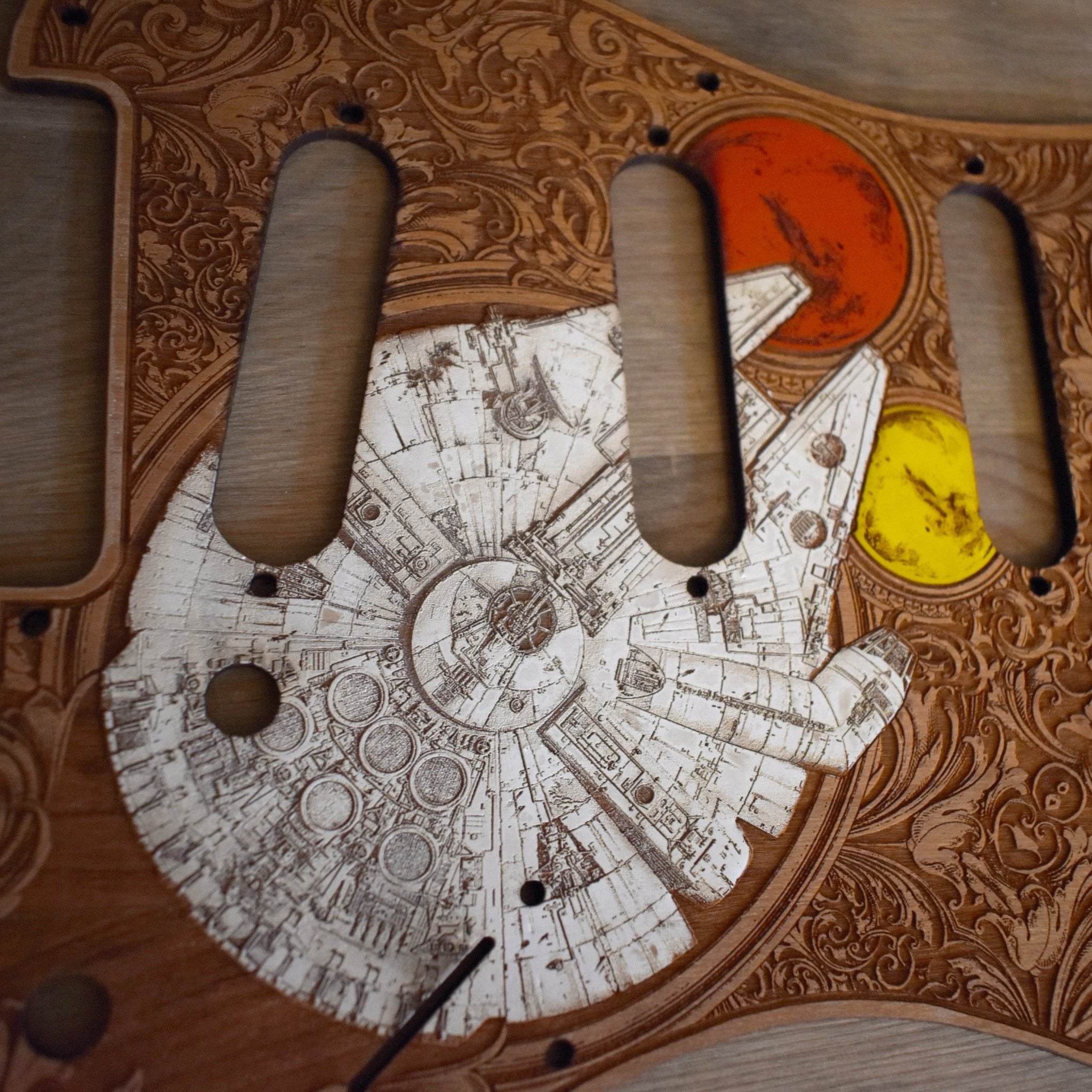 Stratocaster HSS & SSS Wood Pickguard - Millennium Falcon Hand Painted