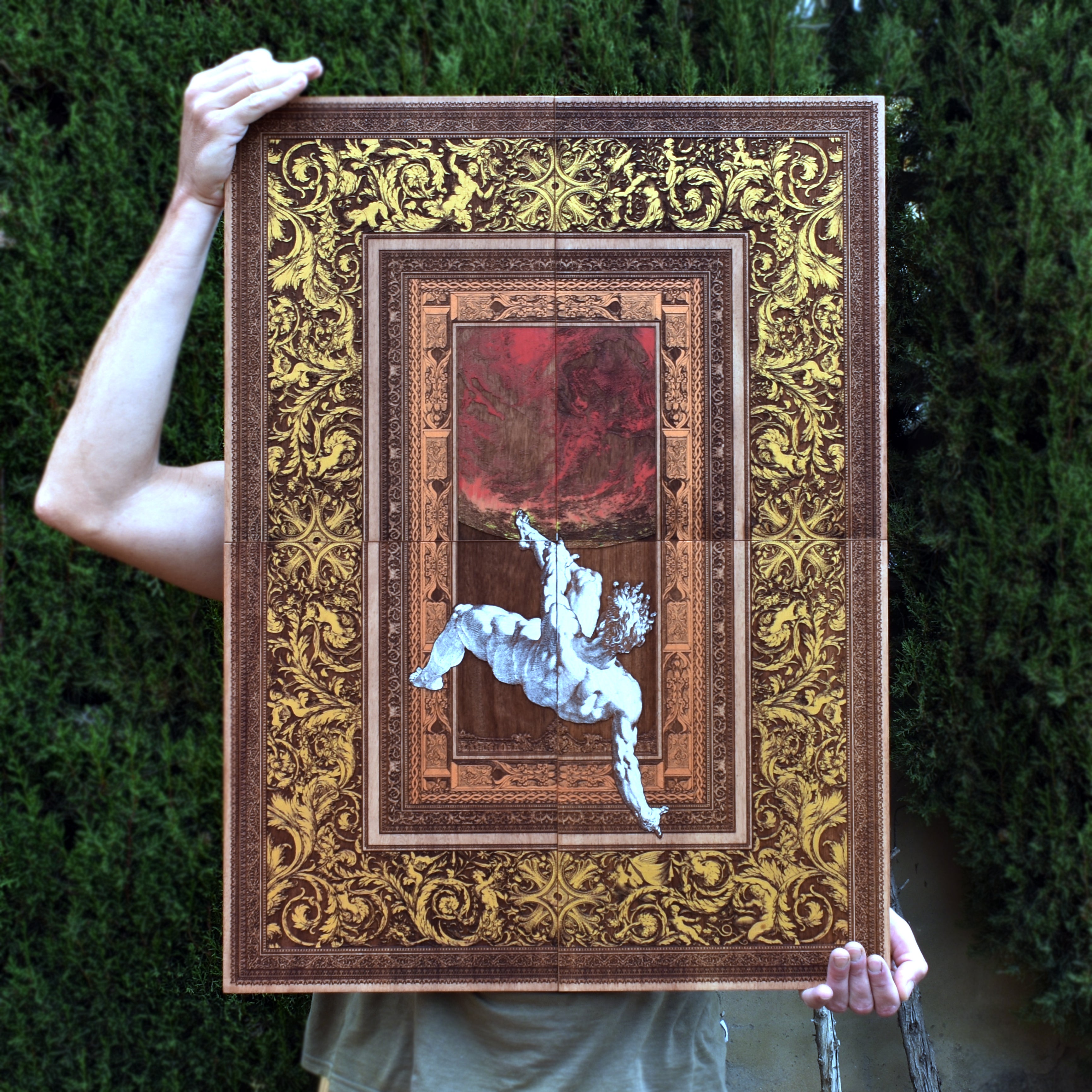 Depth view of The Fall of Phaeton hand-painted on cedar wood, emphasizing its organic wood grain and layered artistic details.