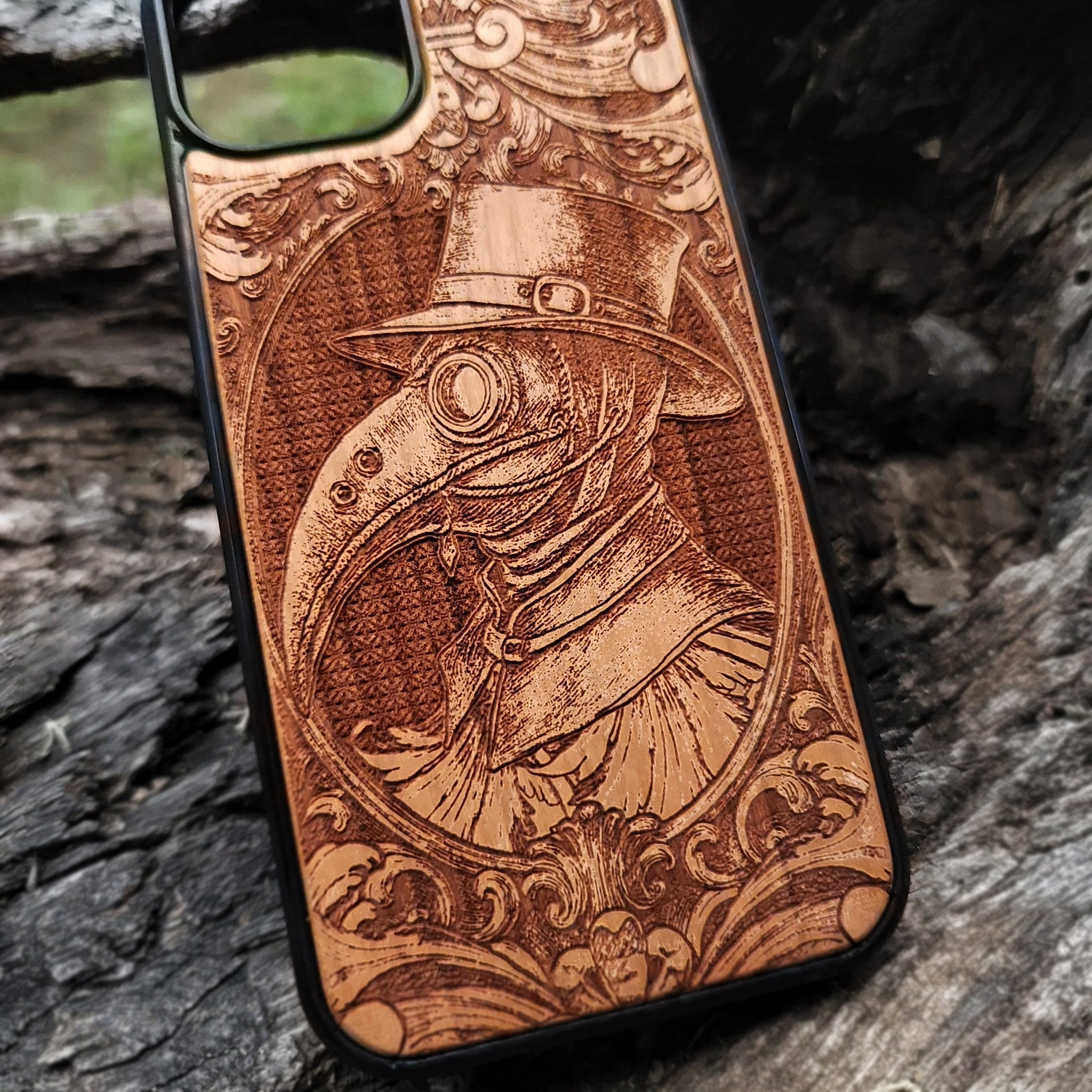 Engraved Plague Doctor art wood phone case Galaxy S