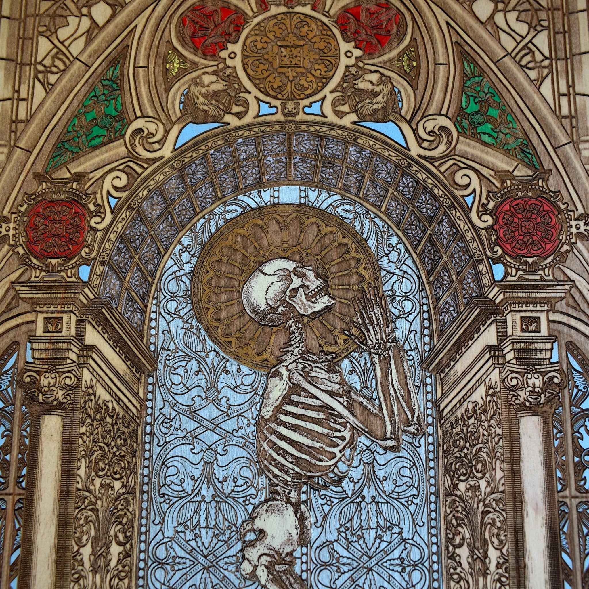 Hand-finished wooden wall art with intricate "Pray" engraving, unique decor.