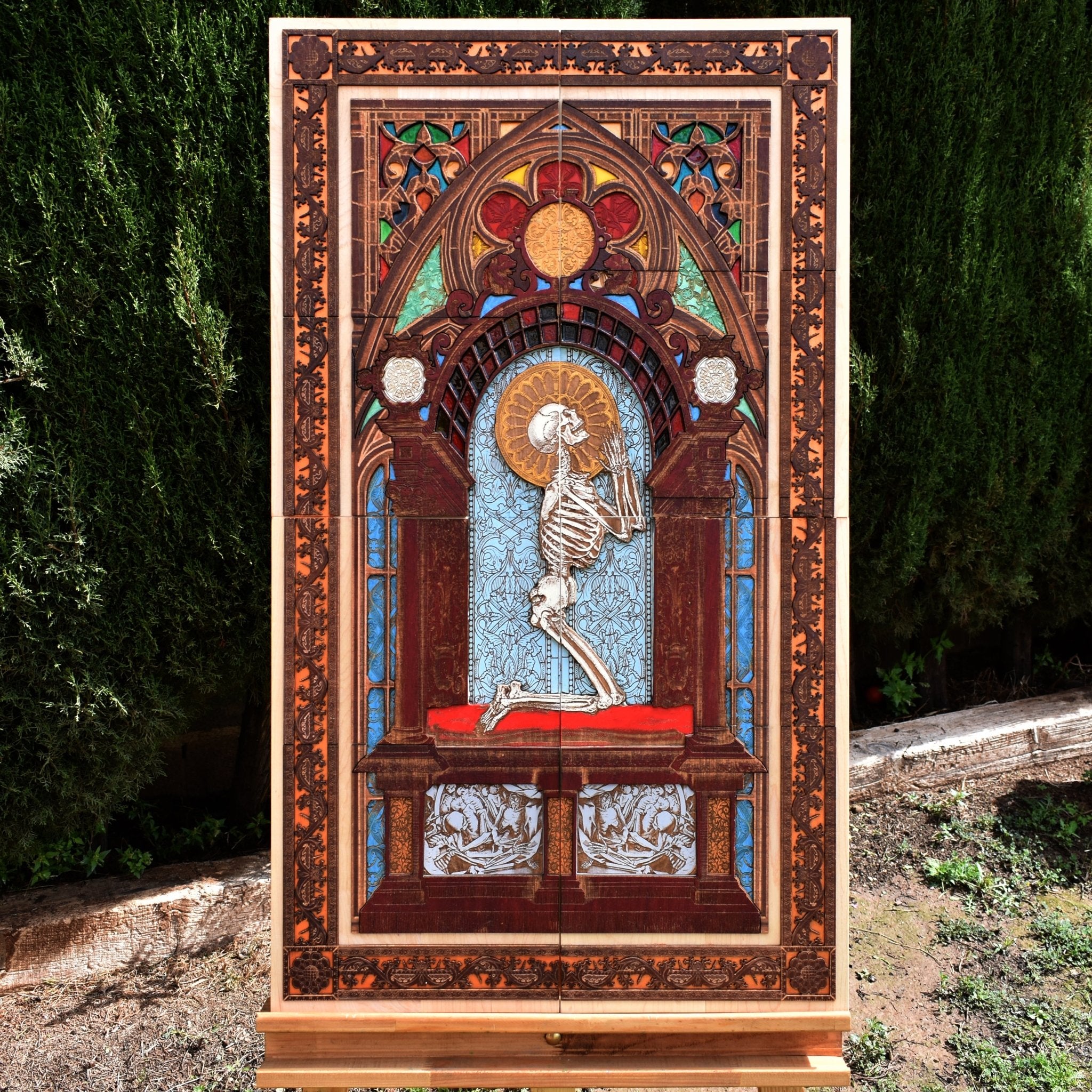 Gothic praying skeleton artwork engraved on 4 cherrywood panels, vintage wall art set.