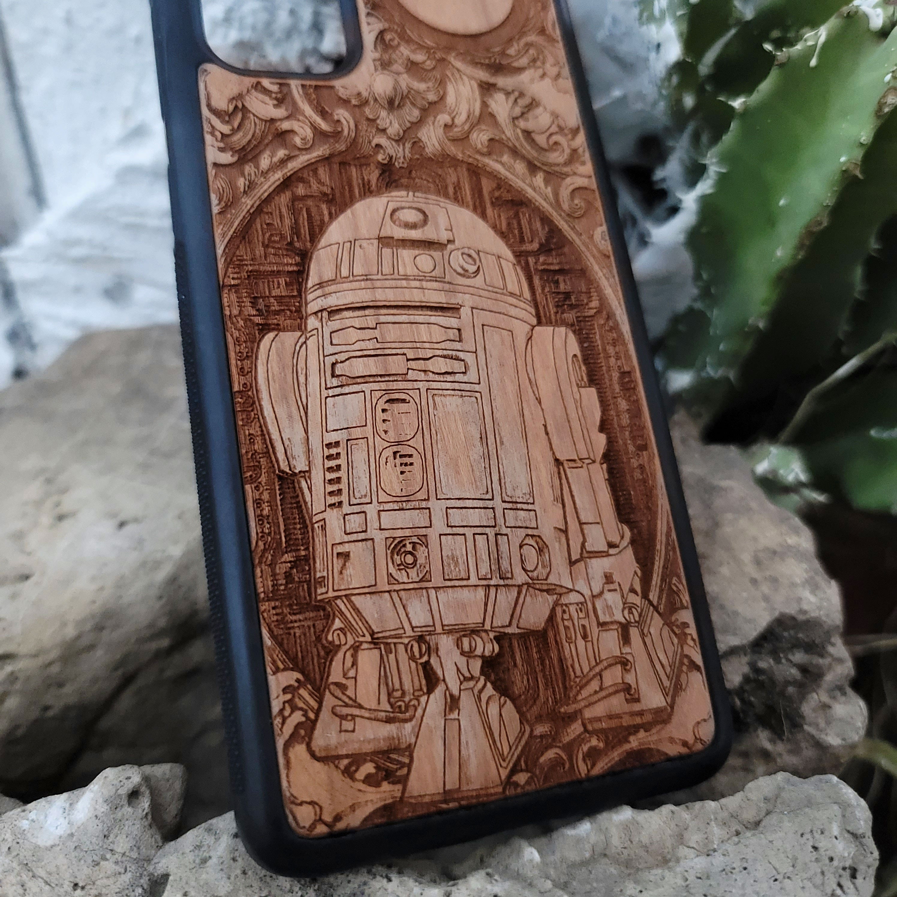 wood Phone case with engraved design of a r2d2 for iphone and galaxy