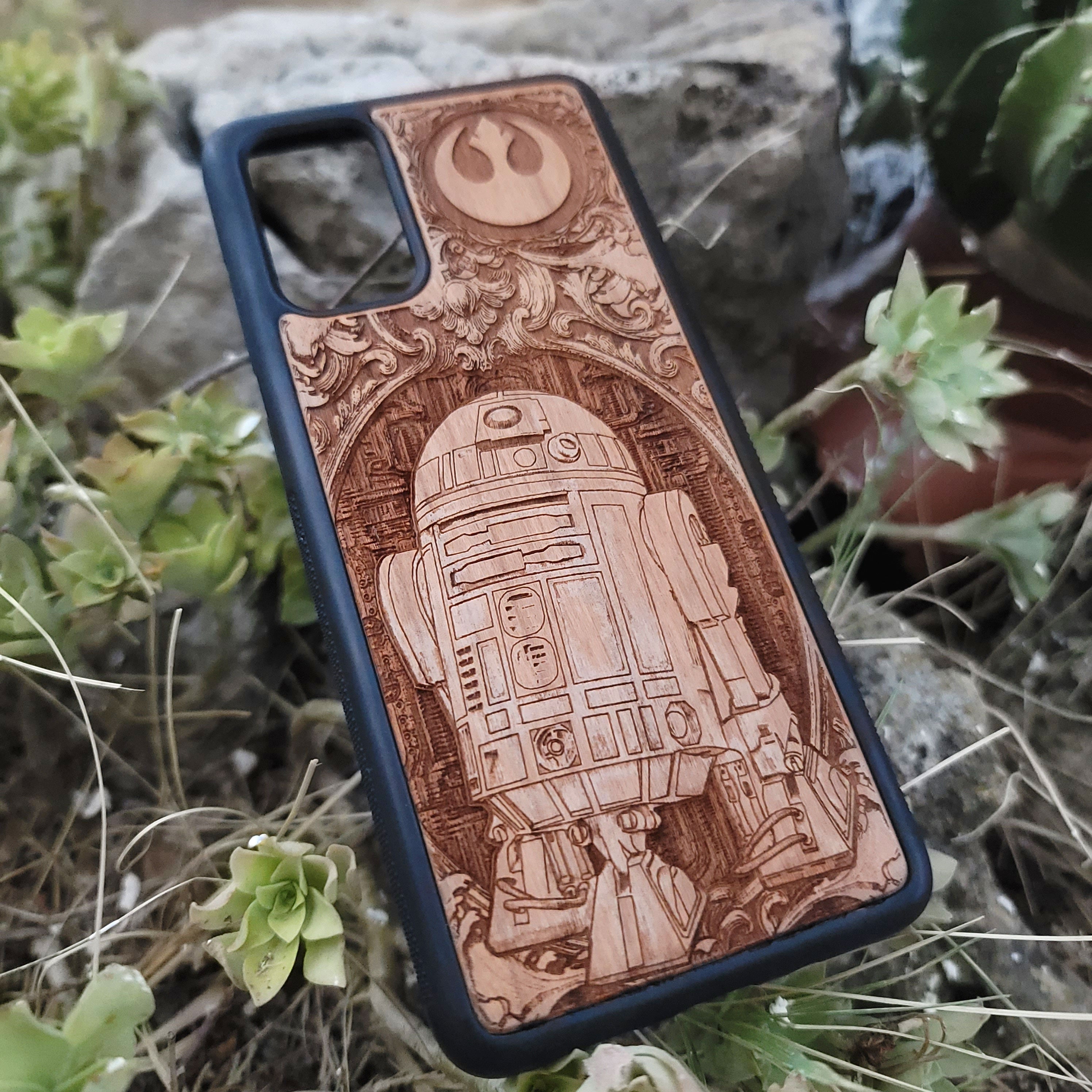 wood Phone case with engraved design of a r2d2 for iphone and galaxy
