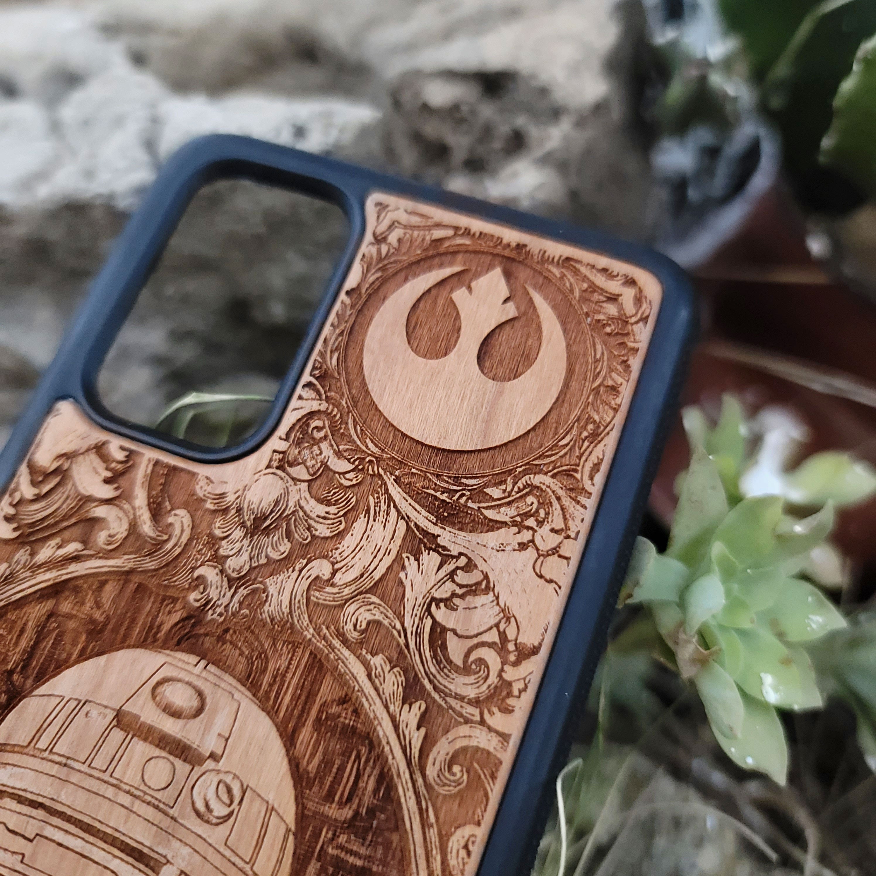 wood Phone case with engraved design of a r2d2 for iphone and galaxy