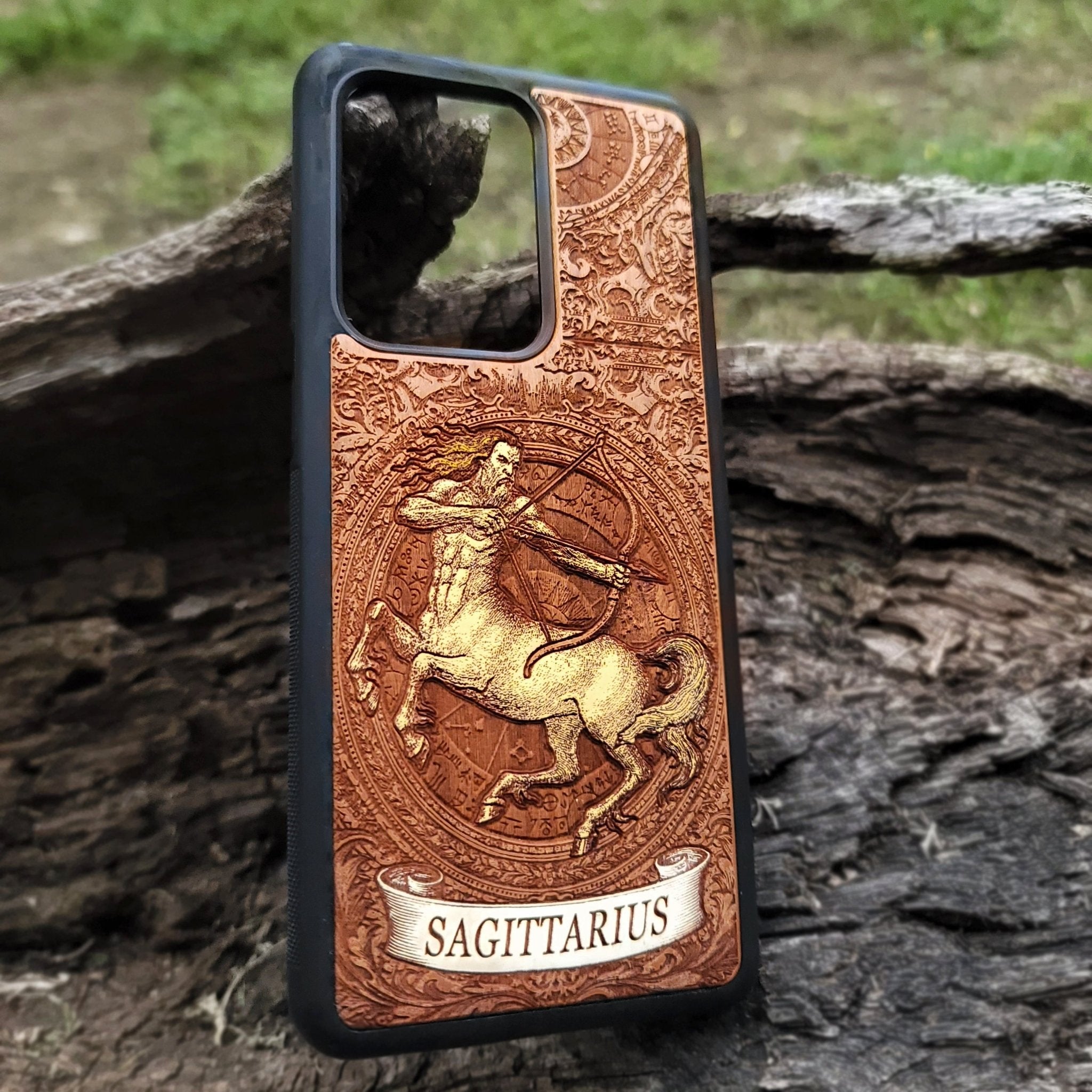 Artistic zodiac wood phone case for Sagittarius sign lovers