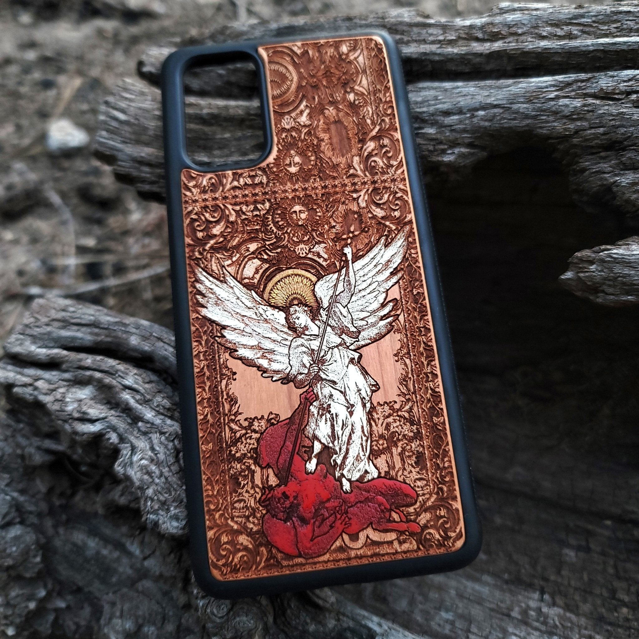 Handmade wooden phone case featuring St. Michael Archangel laser engraving