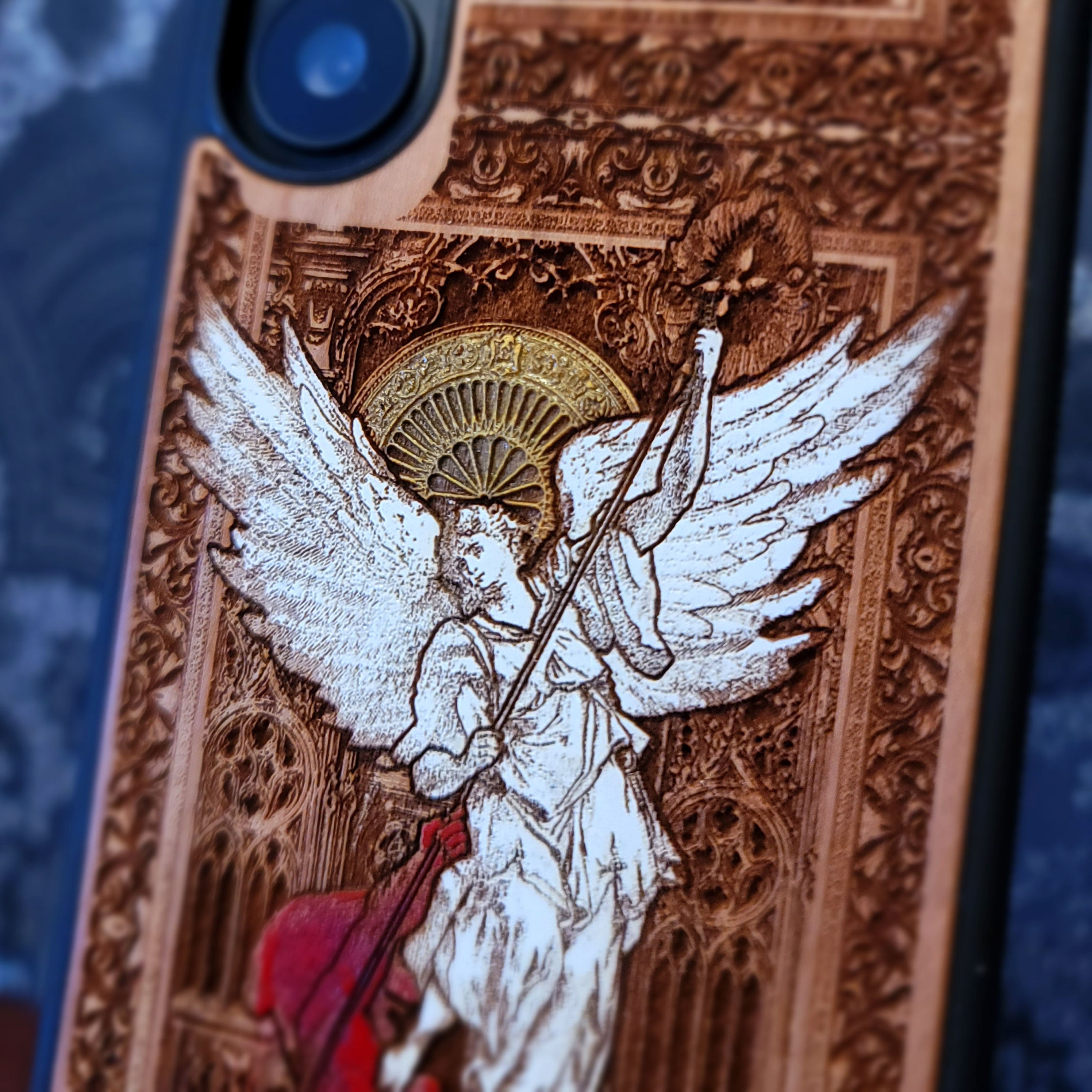 Saint Michael the Archangel wooden phone case, gothic hand-painted design on cherrywood, laser engraved. Compatible with iPhone , Galaxy Religious-inspired phone case.