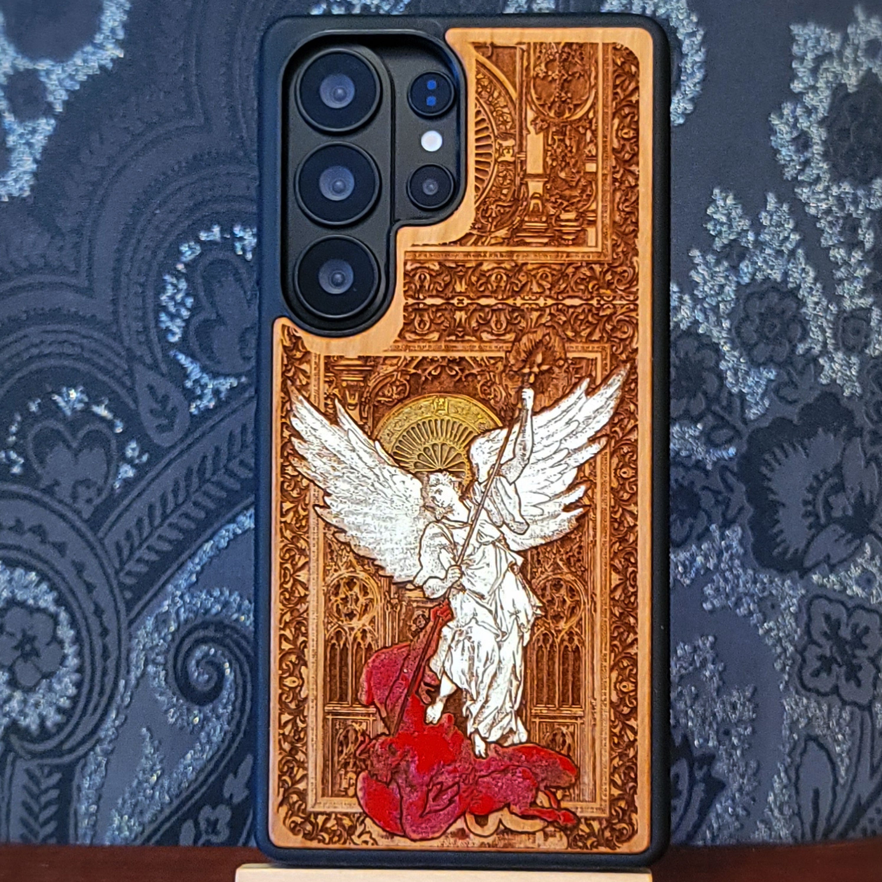Saint Michael the Archangel wooden phone case, gothic hand-painted design on cherrywood, laser engraved. Compatible with iPhone , Galaxy Religious-inspired phone case.