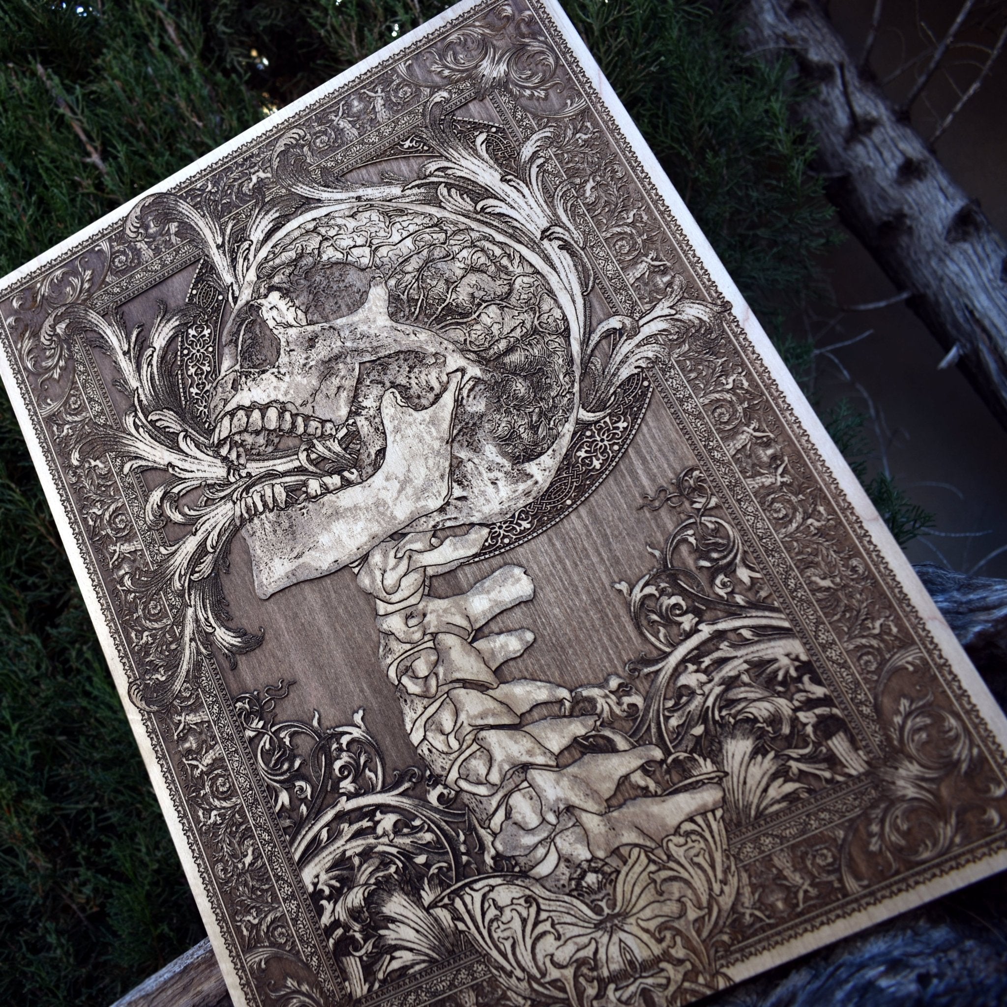 Gothic skull wall decor engraved on natural wood