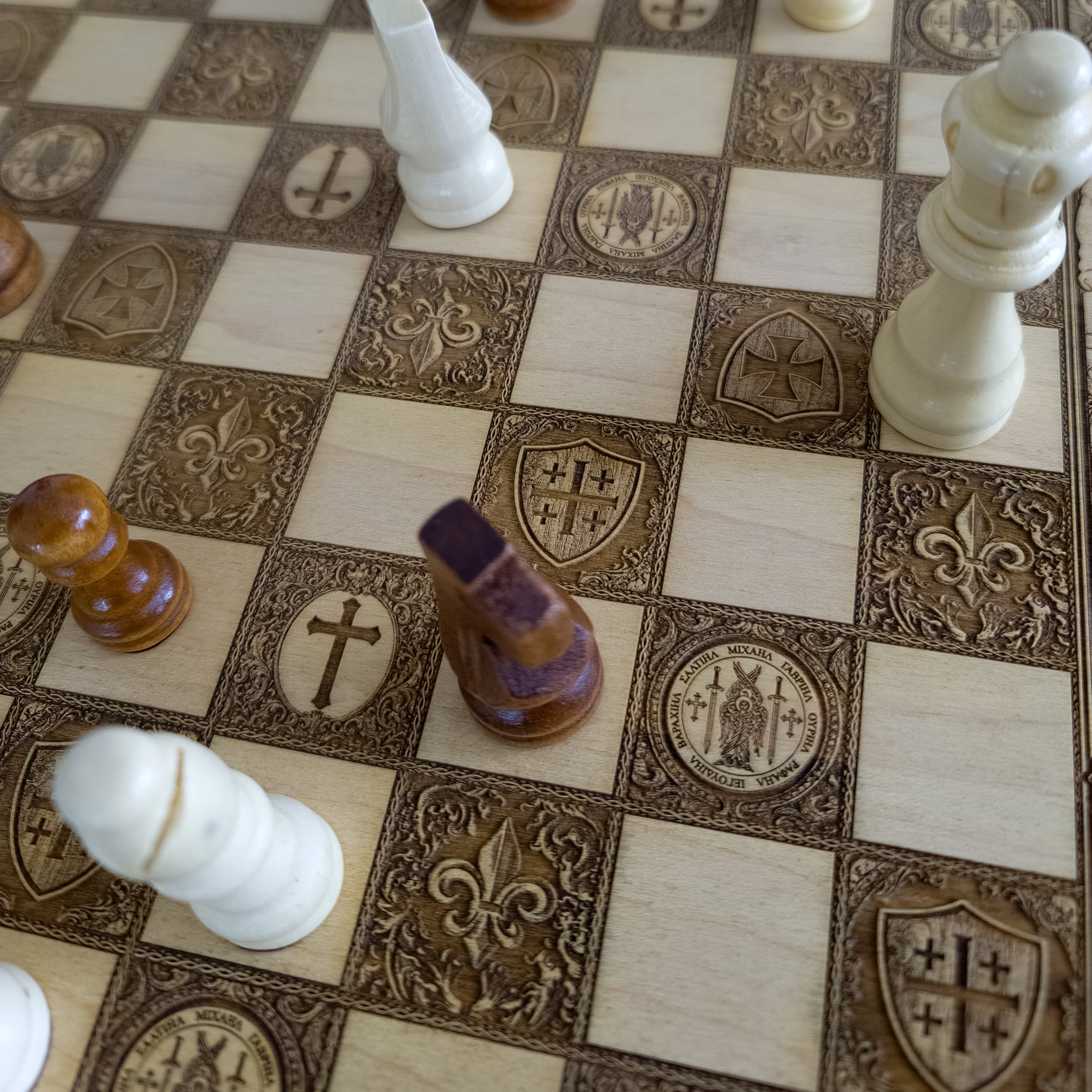 Saint Michael Chess Board – gothic art, engraved wood, dark fantasy, skeleton design, artisan crafted