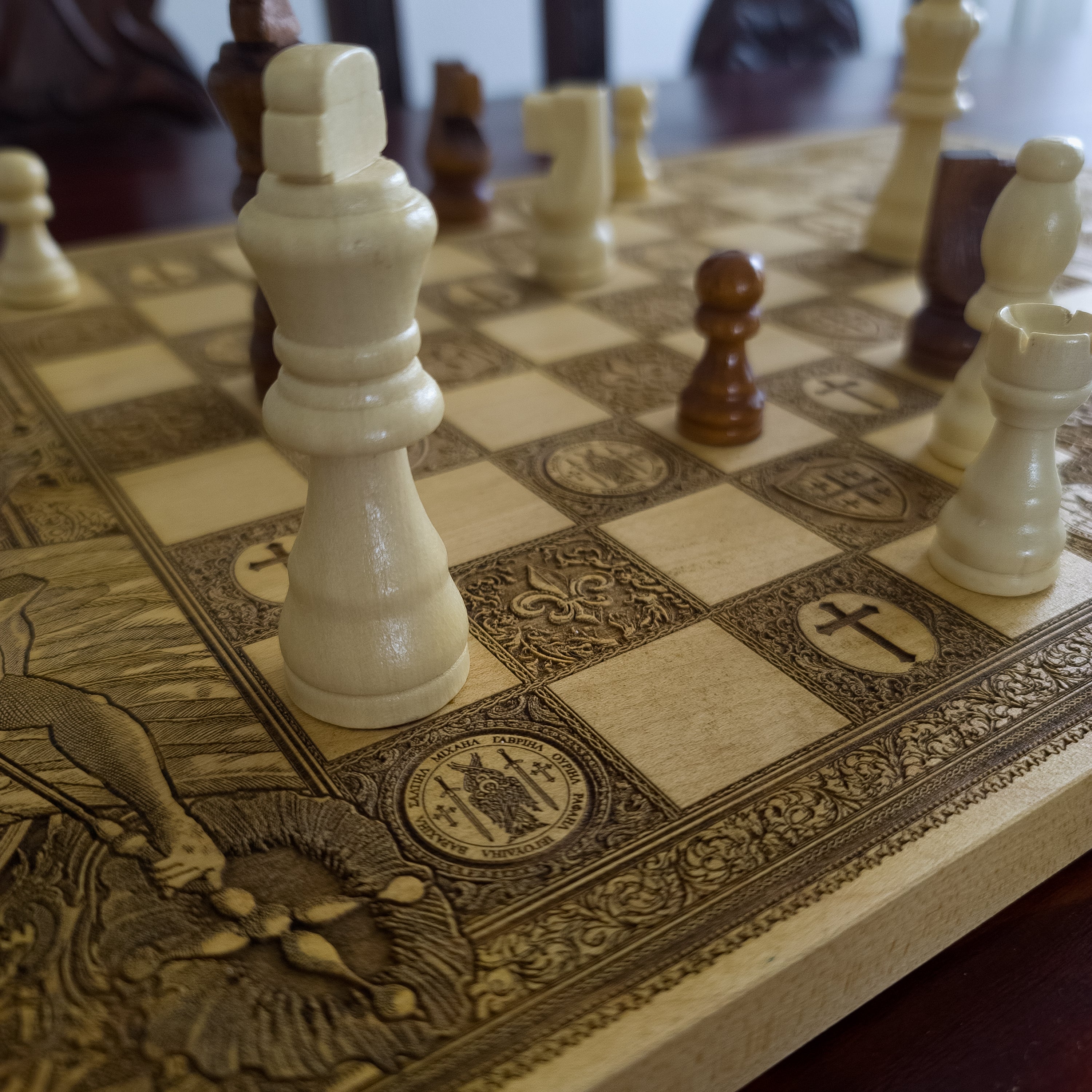 Saint Michael Chess Board – gothic art, engraved wood, dark fantasy, skeleton design, artisan crafted