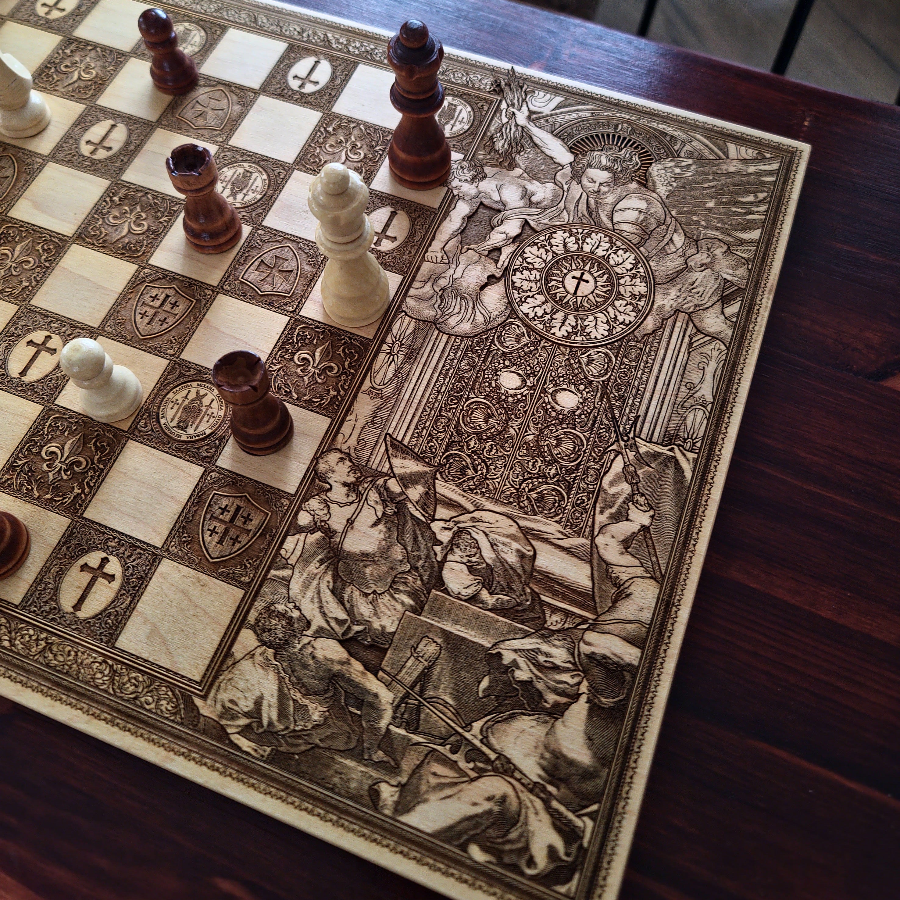 Wooden chessboard with laser-engraved Saint Michael, Celtic, Templar, and Jerusalem cross motifs