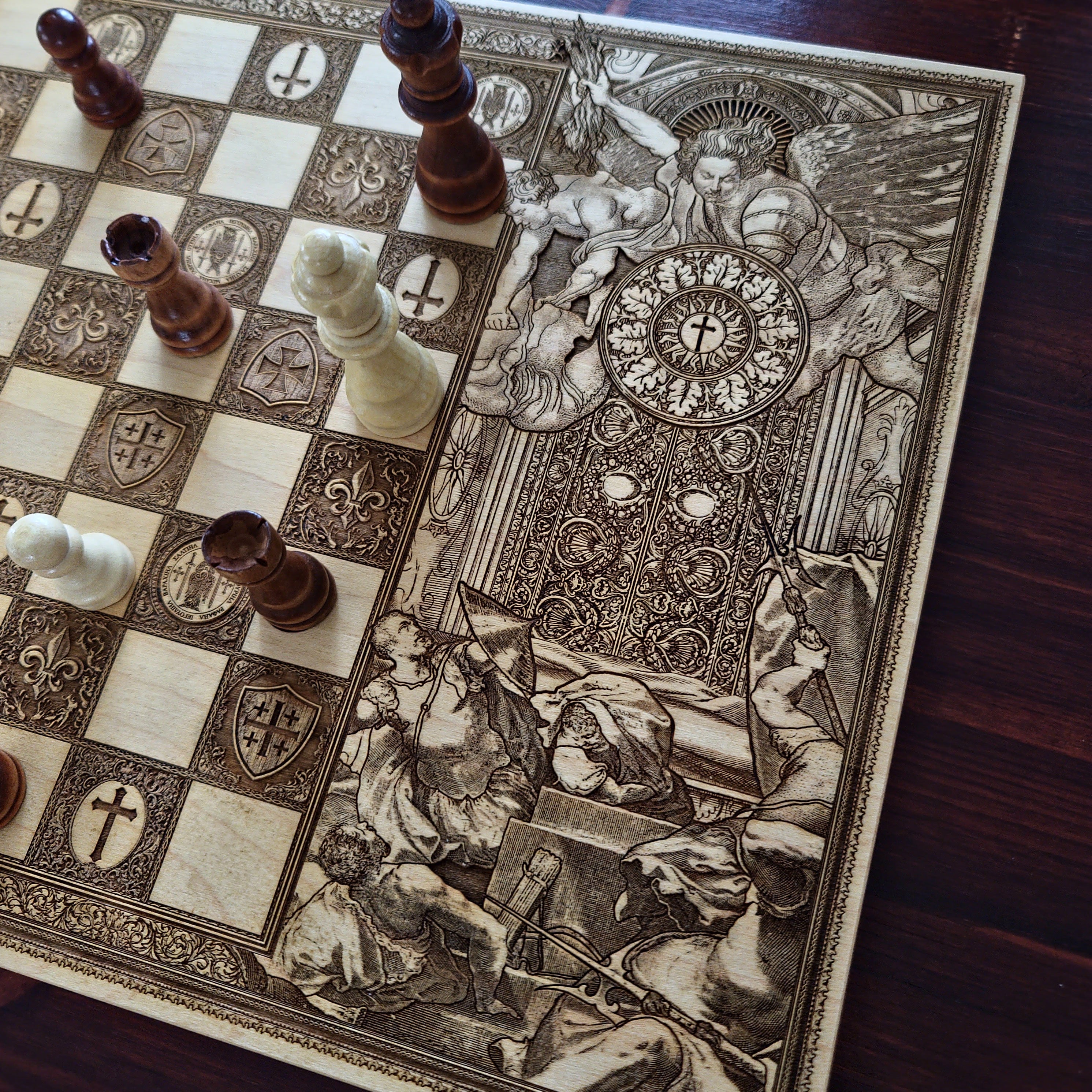 Wooden chessboard with laser-engraved Saint Michael, Celtic, Templar, and Jerusalem cross motifs