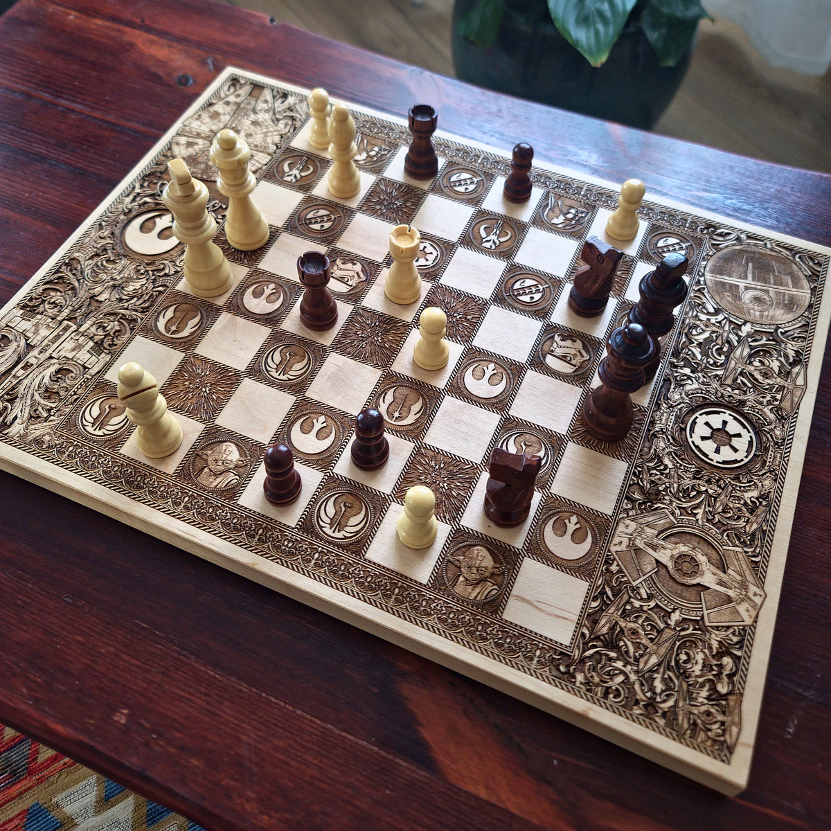 Handmade wood chess board featuring starships, helmets and futuristic engraved symbols