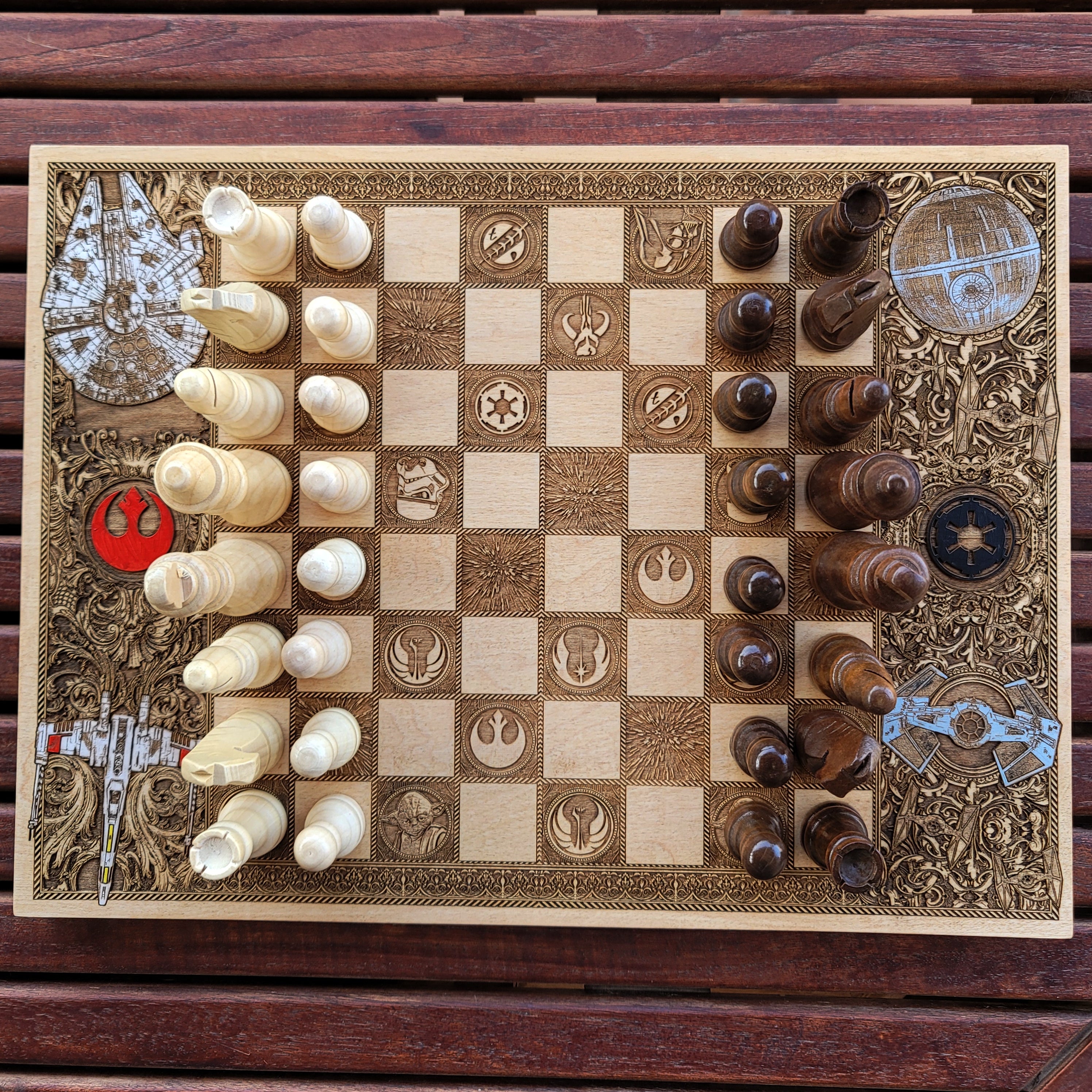 Close-up of Star Wars chess board detailing – handcrafted for anniversaries and special gifts