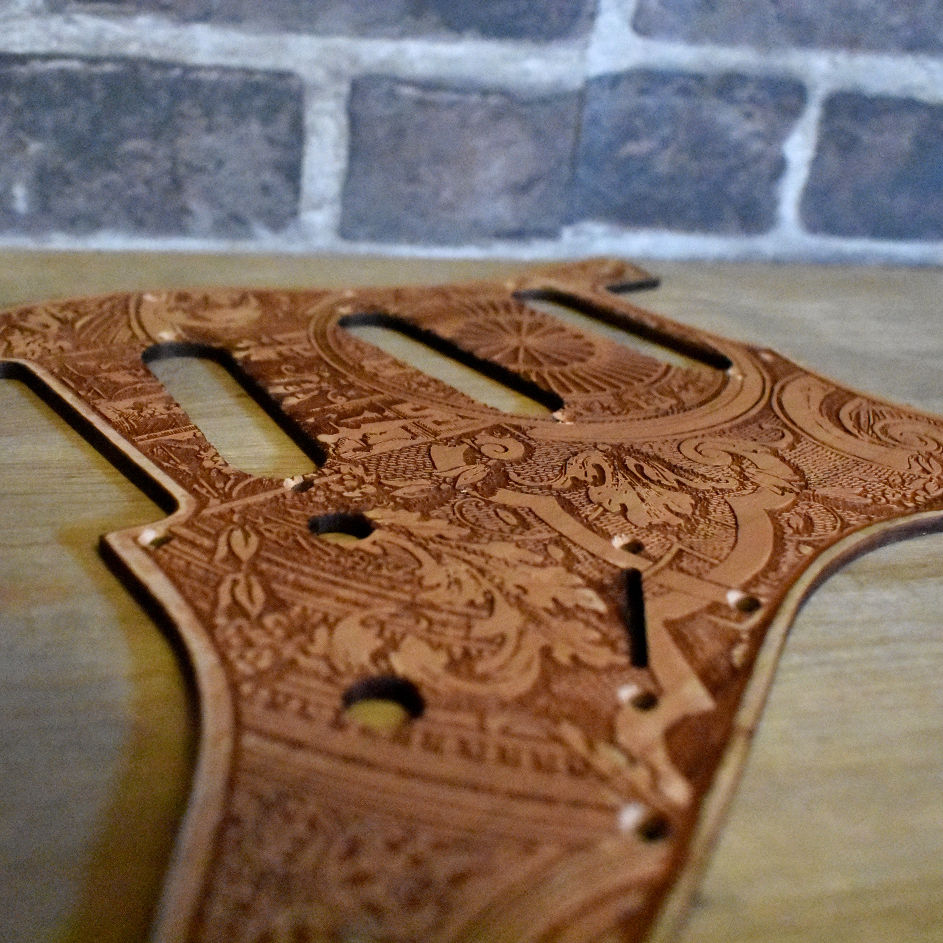 Premium Fender Stratocaster cherry wood pickguard, hand-polished with gothic engraving