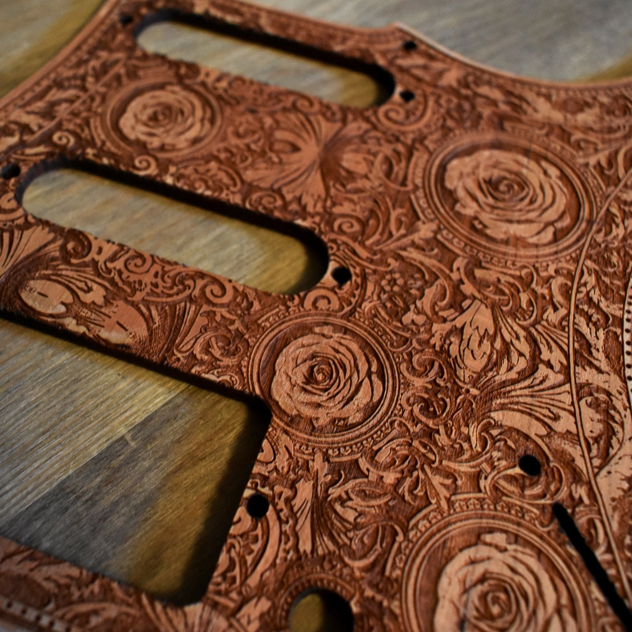 Stratocaster HSS & SSS Wood Pickguard - Roses – gothic art, engraved wood, dark fantasy, skeleton design, artisan crafted