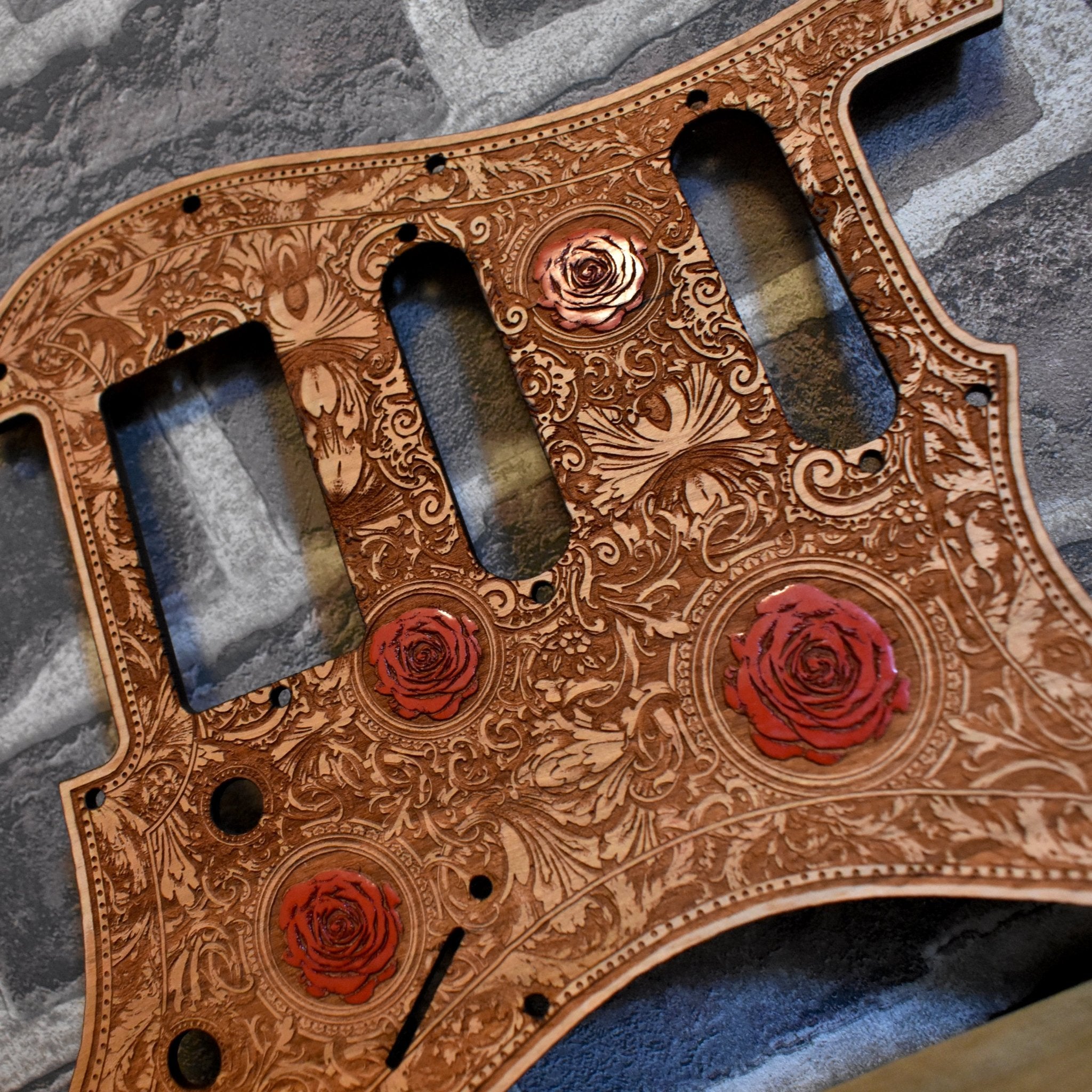 Close-Up of Laser-Engraved Artwork on Cherry Wood Pickguard – Fender Stratocaster HSS & SSS