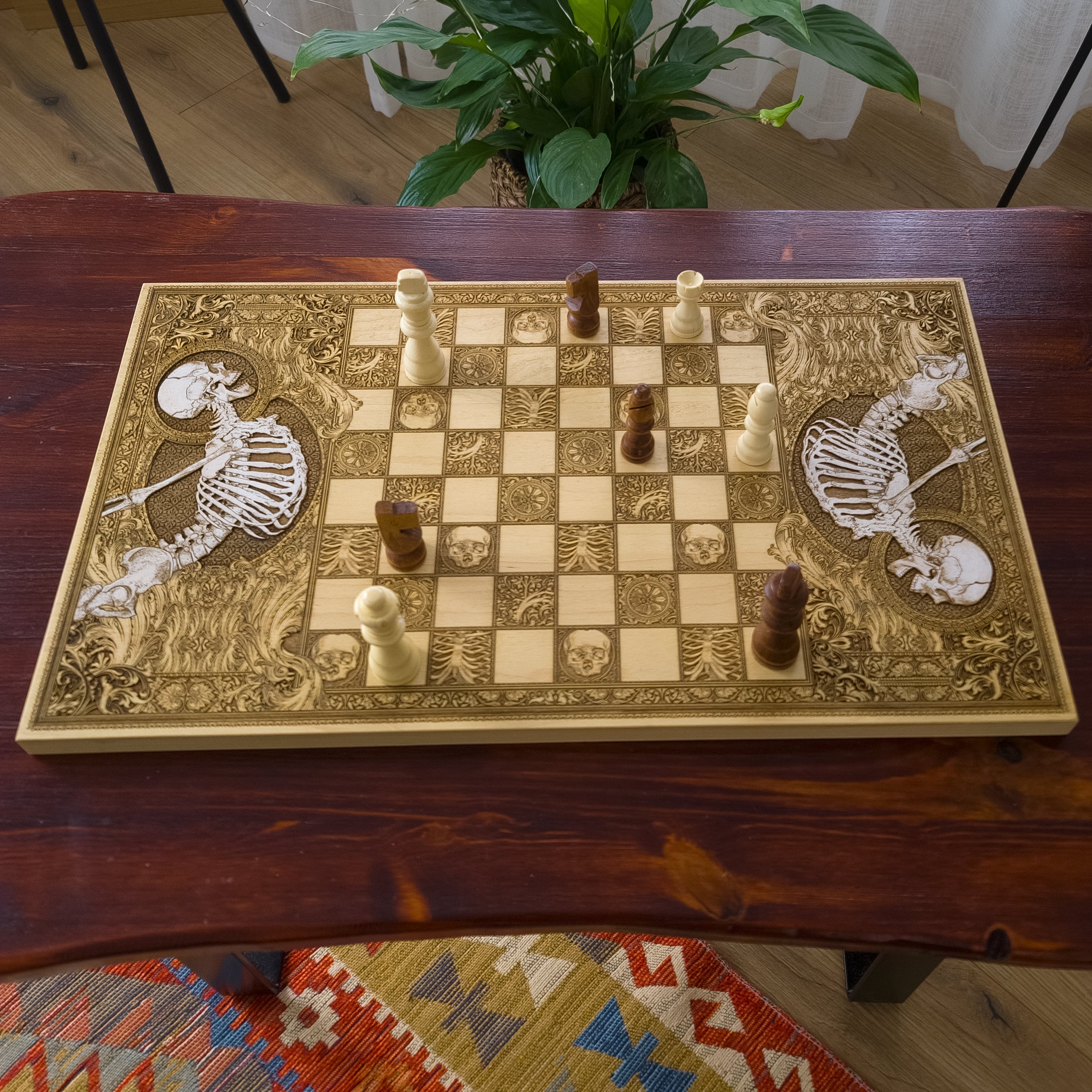 Stumble Chess Board – gothic art, engraved wood, dark fantasy, skeleton design, artisan crafted