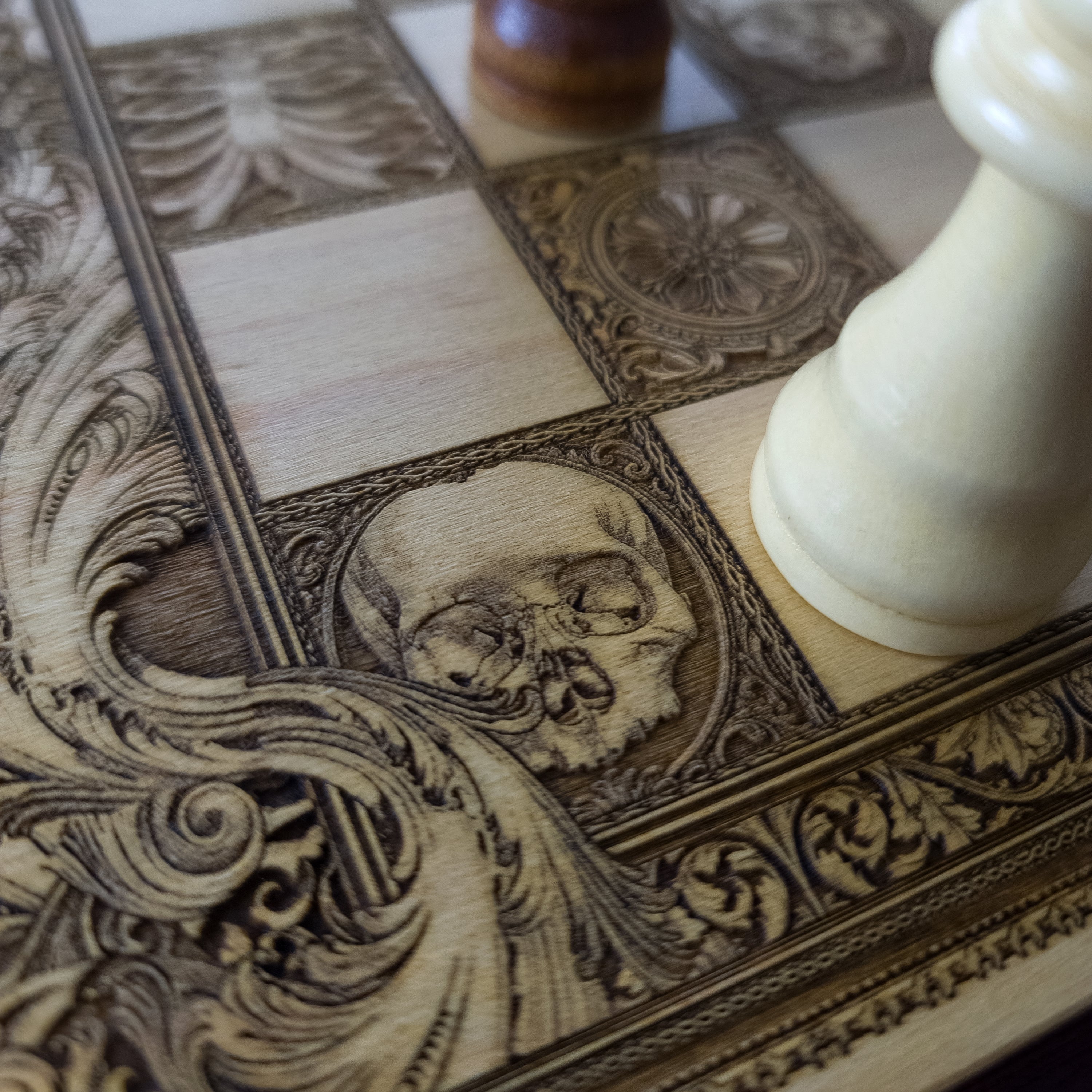 Stumble Chess Board – gothic art, engraved wood, dark fantasy, skeleton design, artisan crafted