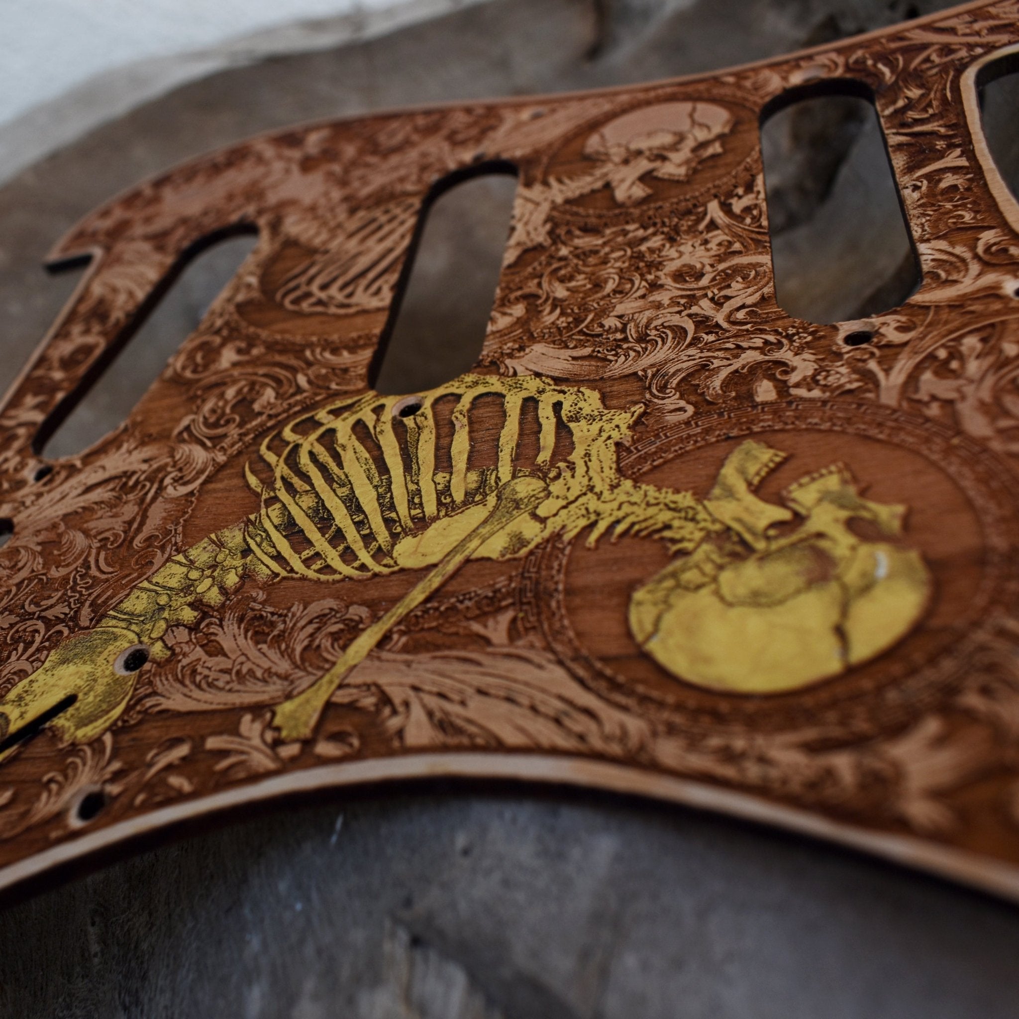 Stratocaster HSS & SSS Wood Pickguard - Stumble Hand Painted Gold – gothic art, engraved wood, dark fantasy, skeleton design, artisan