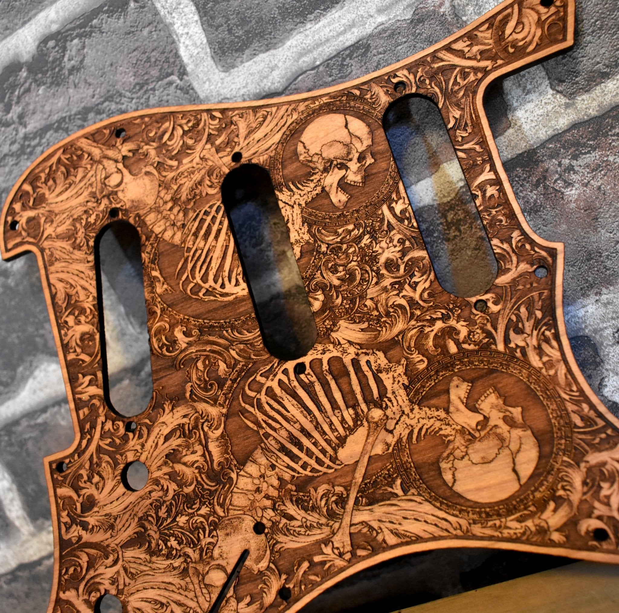 Stratocaster HSS & SSS Wood Pickguard - Stumble – gothic art, engraved wood, dark fantasy, skeleton design, artisan crafted