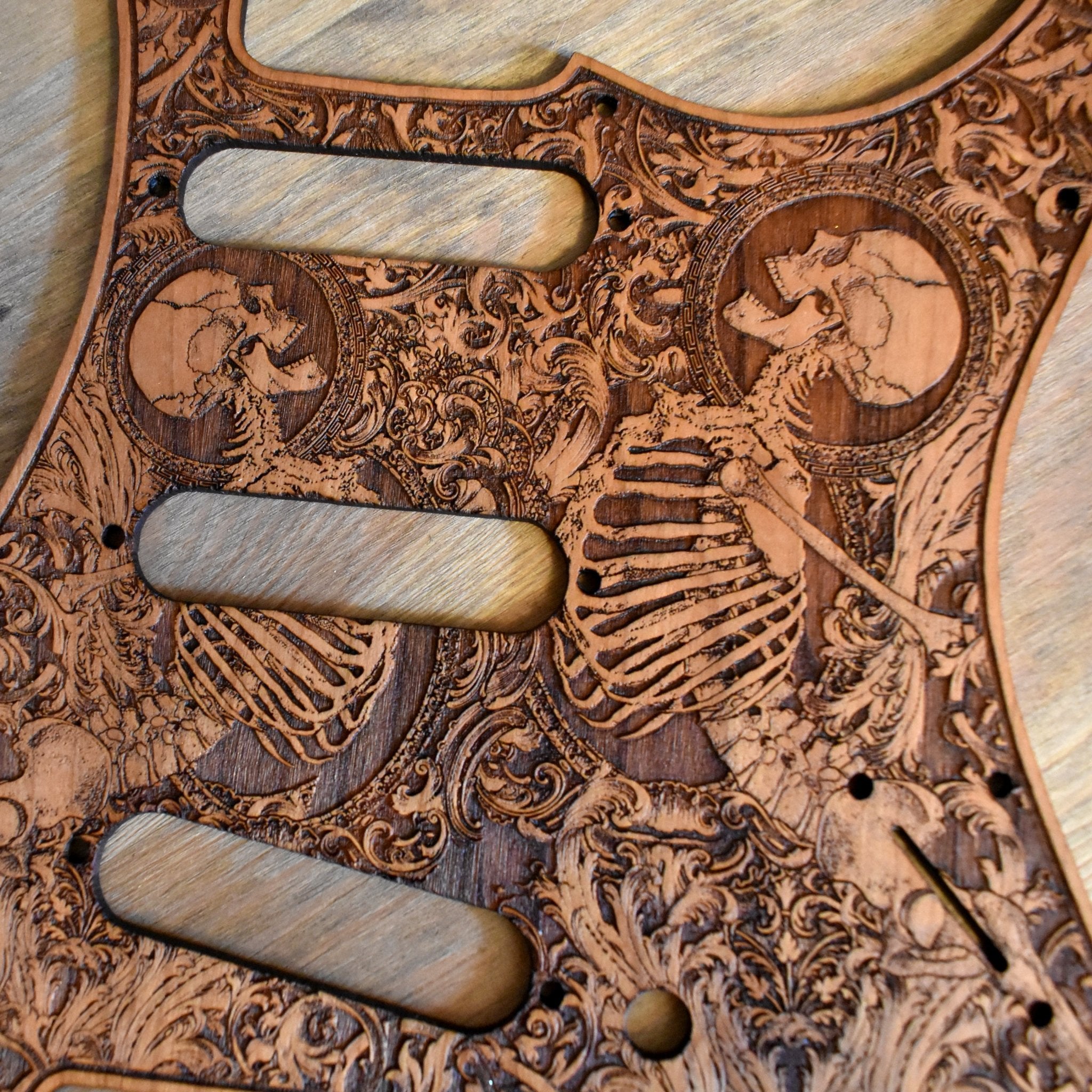 Stratocaster HSS & SSS Wood Pickguard - Stumble – gothic art, engraved wood, dark fantasy, skeleton design, artisan crafted