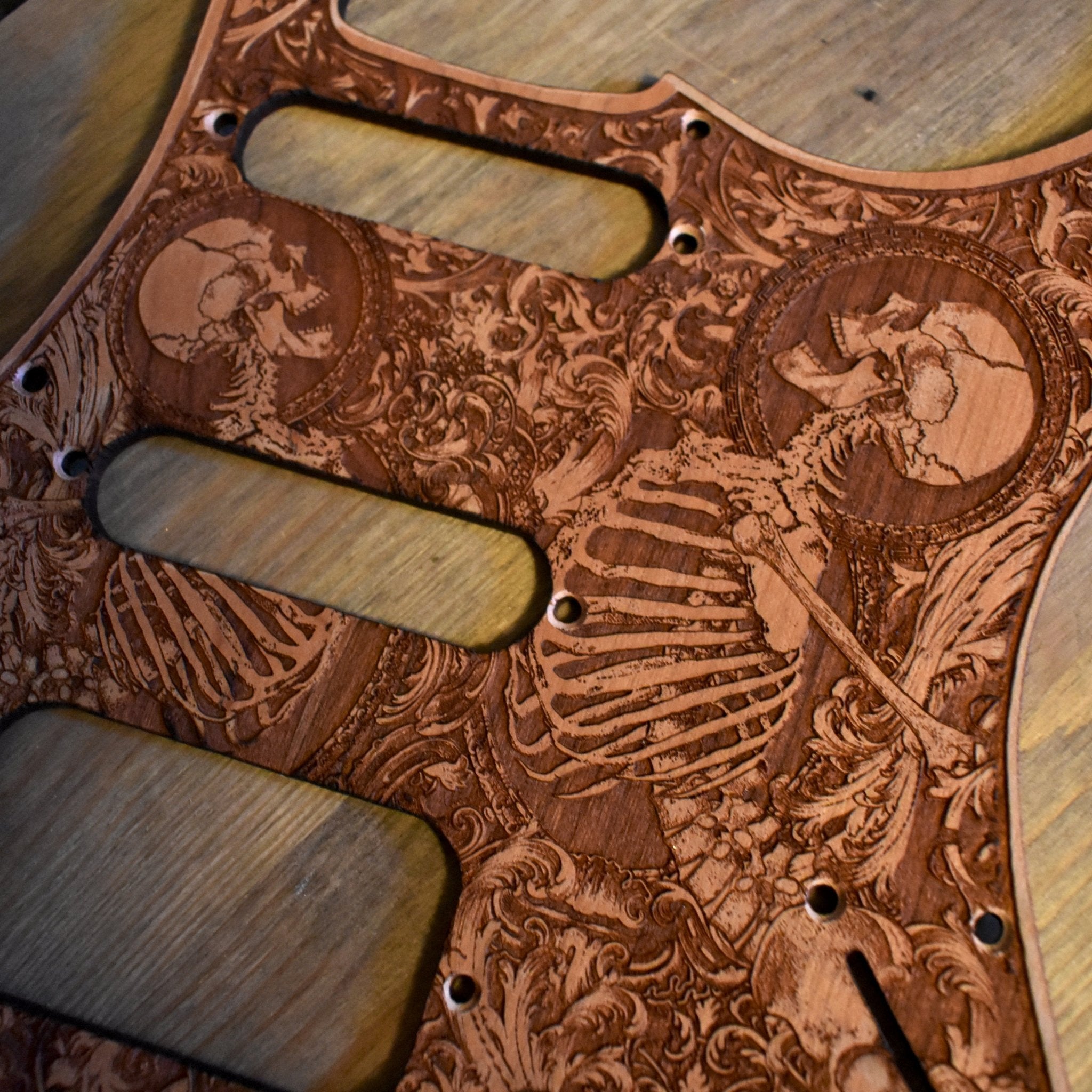 Stratocaster HSS & SSS Wood Pickguard - Stumble – gothic art, engraved wood, dark fantasy, skeleton design, artisan crafted
