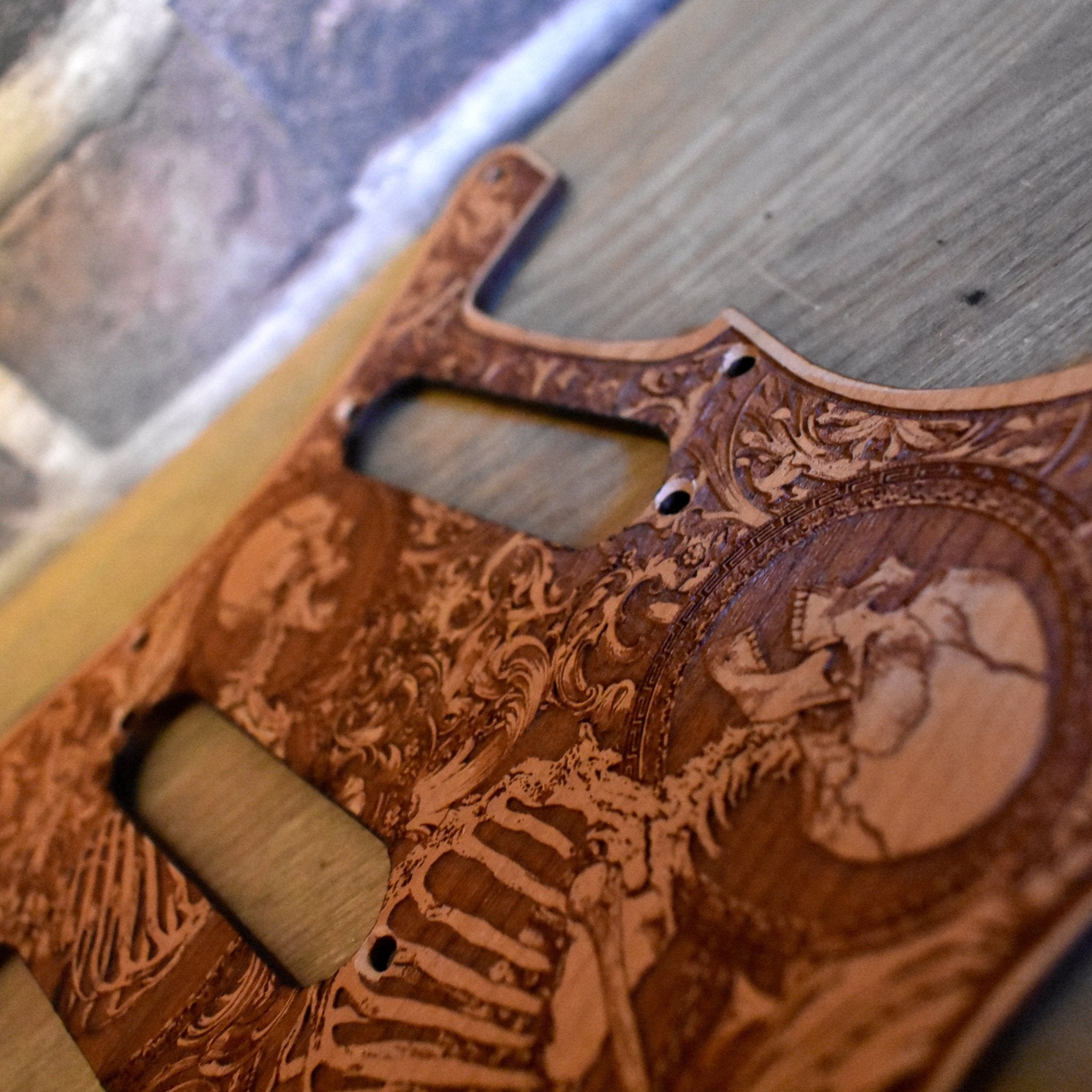 Stratocaster HSS & SSS Wood Pickguard - Stumble – gothic art, engraved wood, dark fantasy, skeleton design, artisan crafted