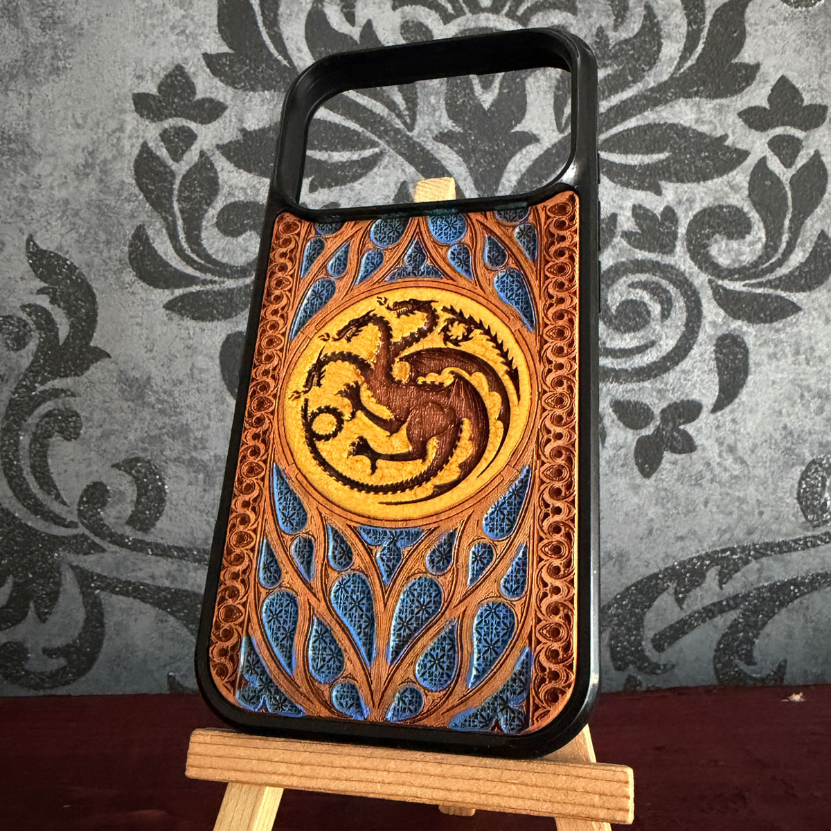 Game of Thrones Targaryen dragon sigil engraved wood phone case with blue and gold painted details