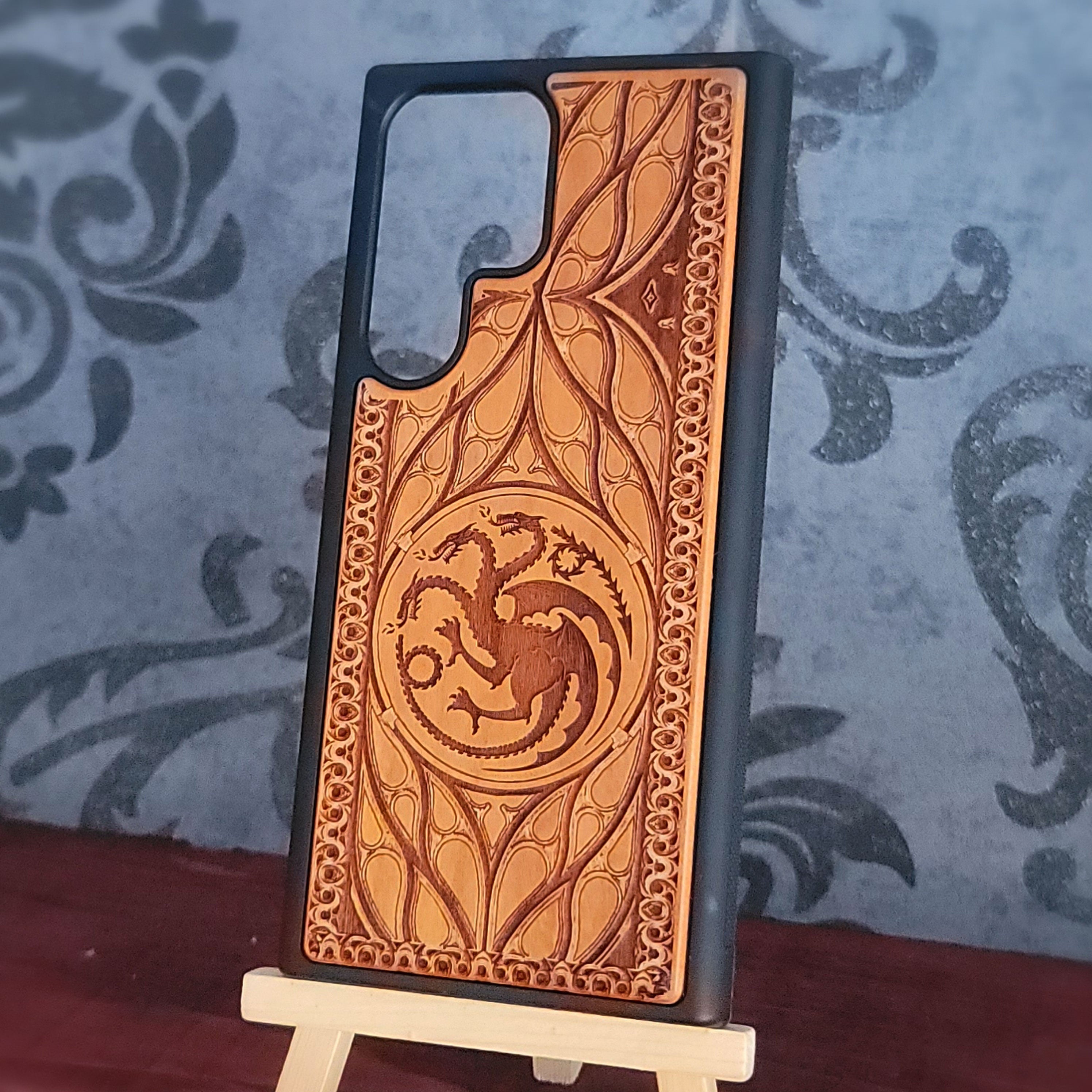 Game of Thrones dragon design wood phone case, handcrafted and laser engraved