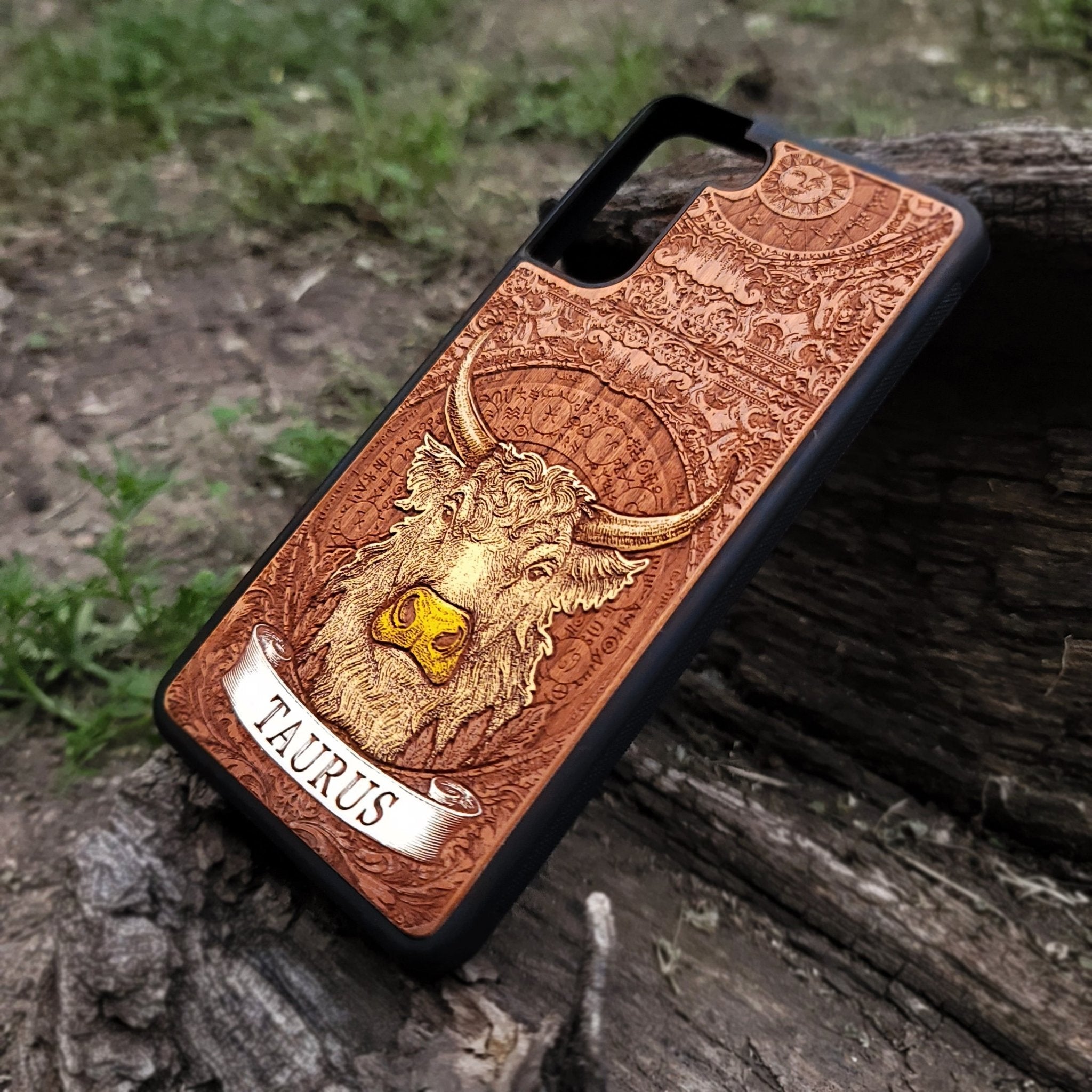Unique Taurus zodiac gift – engraved wood phone cover
