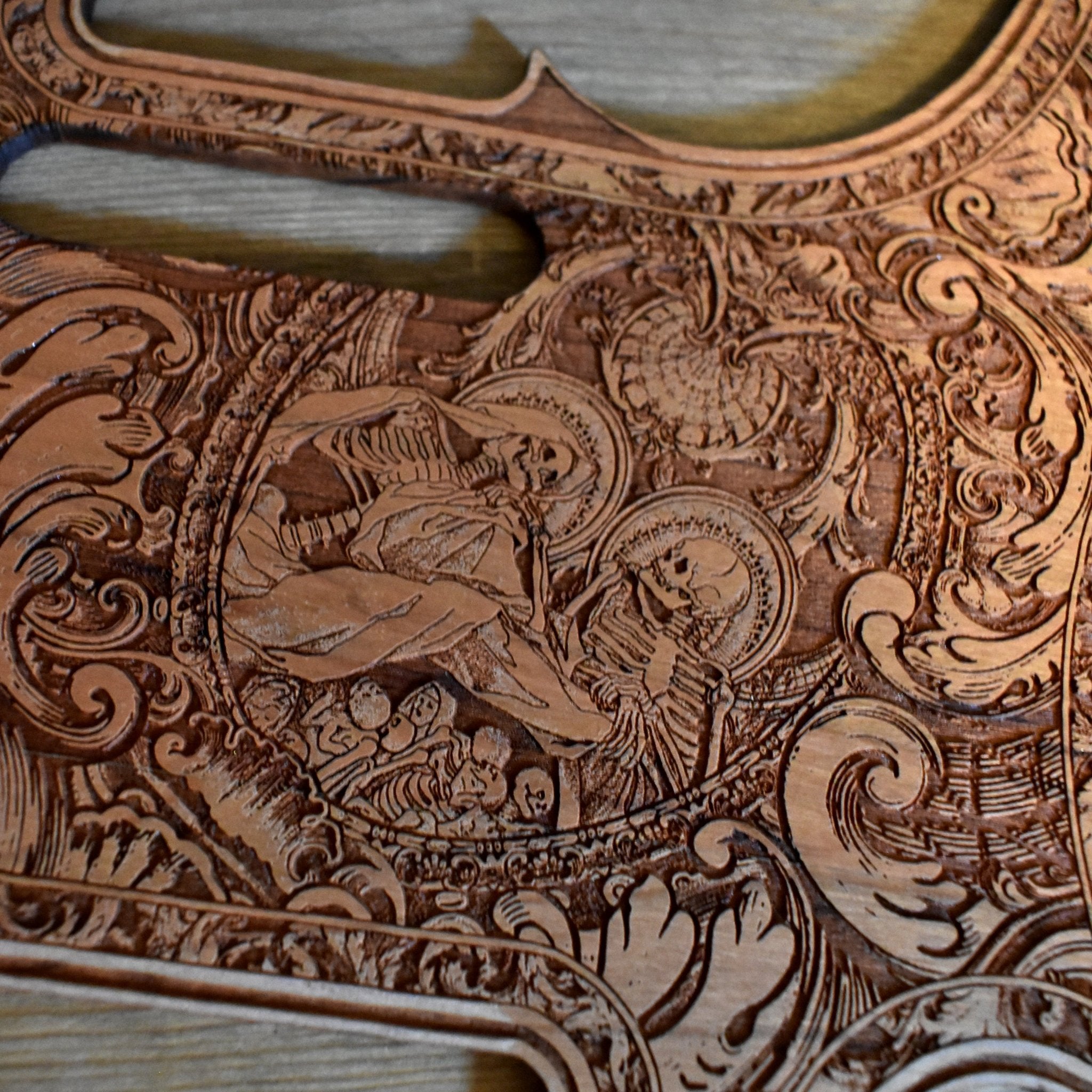 Handcrafted Telecaster pickguard, cherry wood with engraved artwork