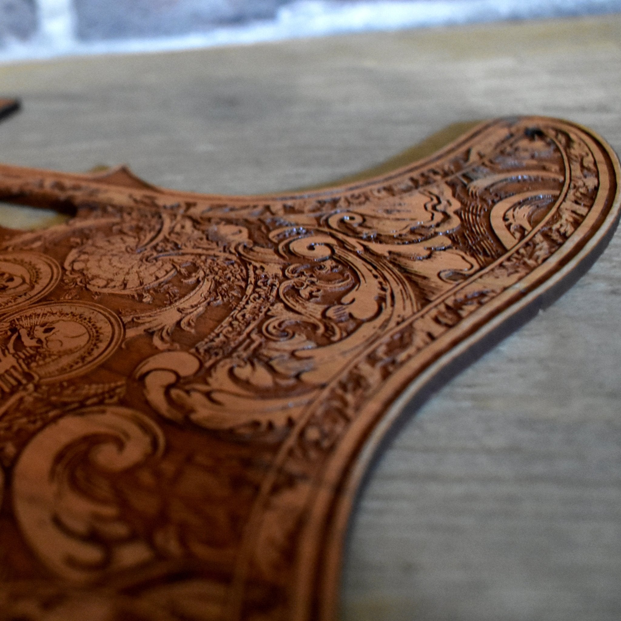Custom laser-engraved cherry wood pickguard for Fender Telecaster