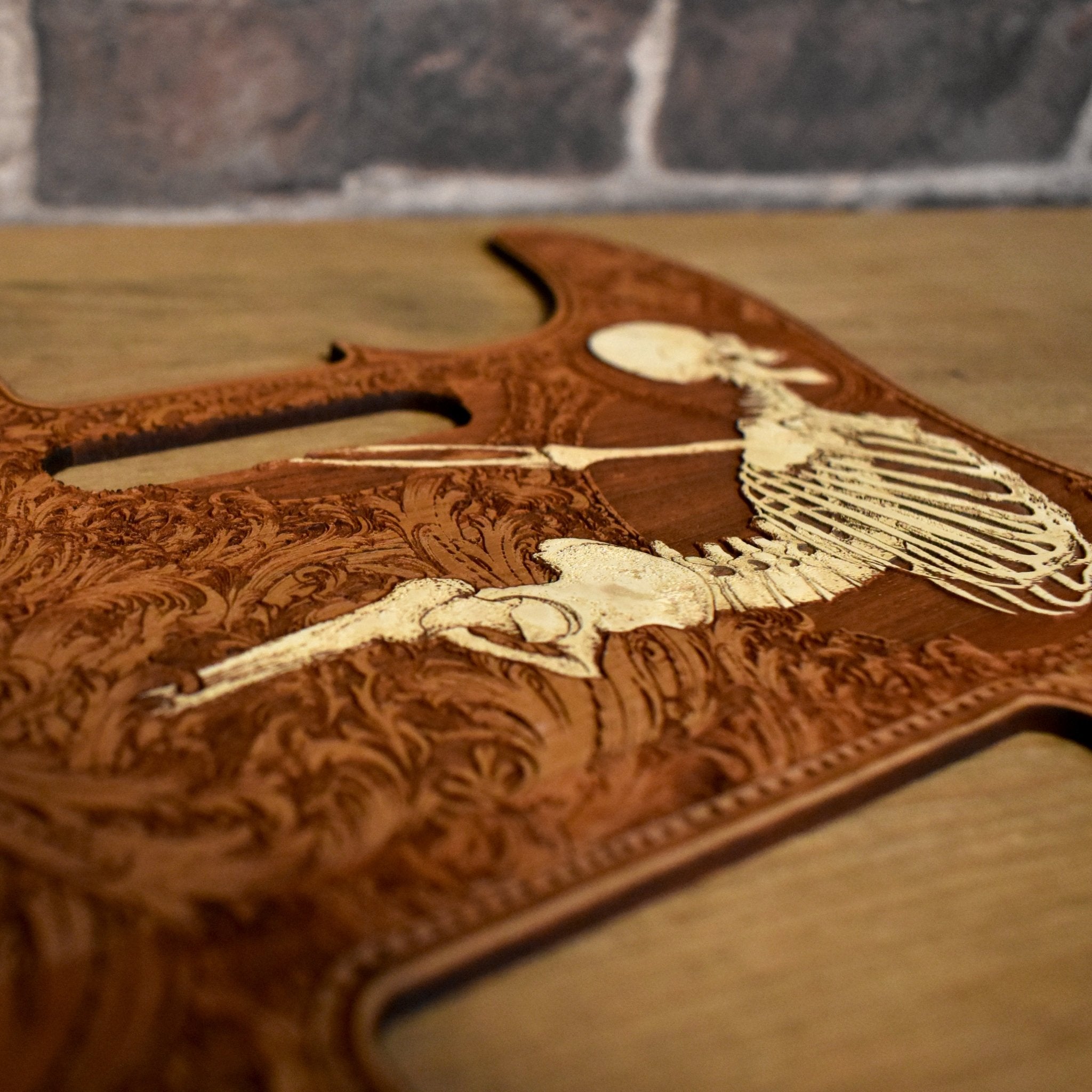 Side view of hand-painted cherry wood pickguard for Fender Telecaster – 5-hole design