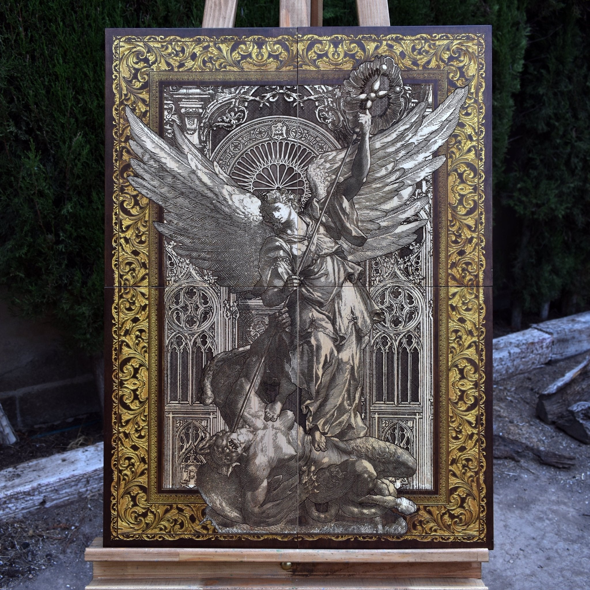 St. Michael the Archangel wood artwork displayed on a wall, adding a powerful spiritual ambiance.