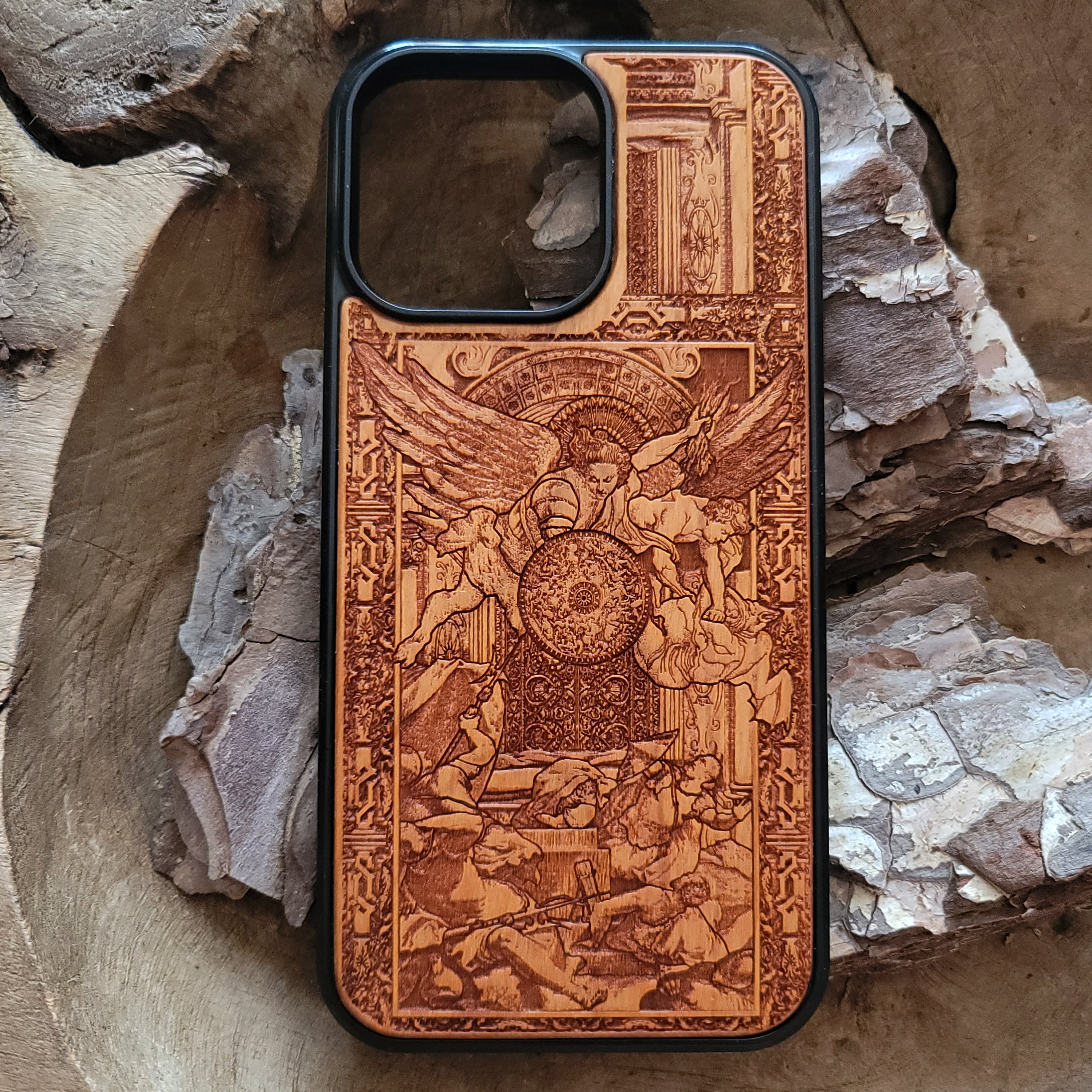 Laser-engraved wooden phone case with an intricate angelic battle scene, slim and durable. Compatible with iPhone , iPhone 15, iPhone 14, iPhone 13, iPhone 12, iPhone 11, iPhone  Pro Max, iPhone  Mini, Samsung Galaxy S, Samsung Galaxy S24, Samsung Galaxy S23, Samsung Galaxy S22, Samsung Galaxy S21, Samsung Galaxy S20 Ultra, Samsung Galaxy S20 Plus, and Samsung Galaxy Note 20 models. Perfect for art lovers!