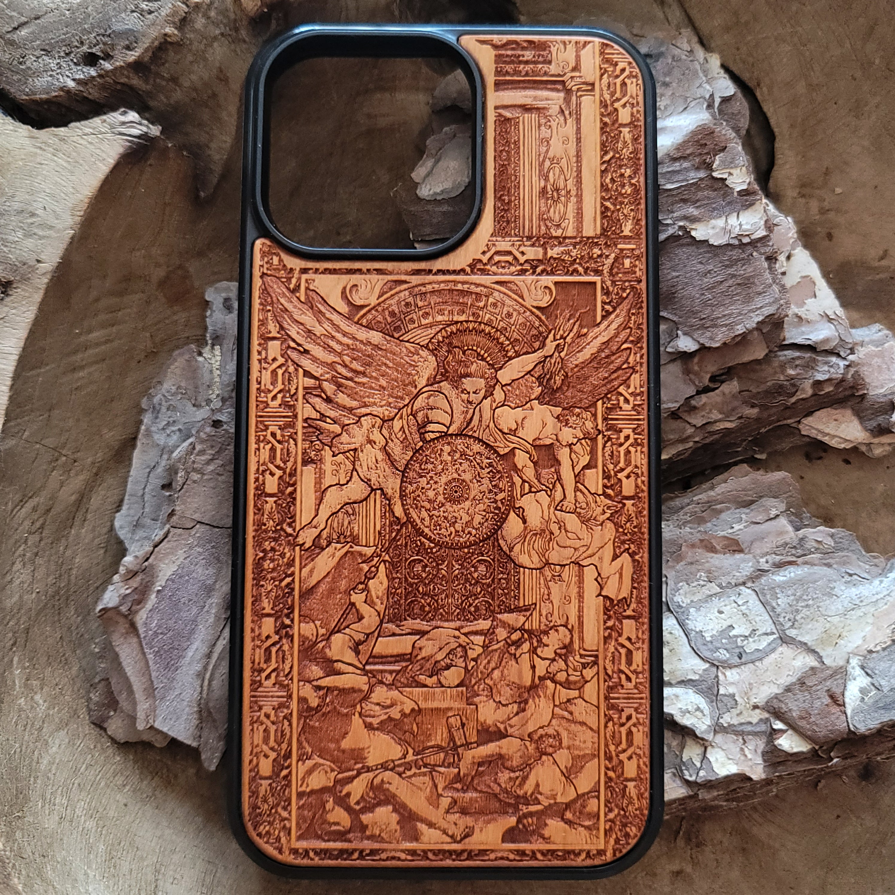 Laser-engraved wooden phone case with an intricate angelic battle scene, slim and durable. Compatible with iPhone , iPhone 15, iPhone 14, iPhone 13, iPhone 12, iPhone 11, iPhone  Pro Max, iPhone  Mini, Samsung Galaxy S, Samsung Galaxy S24, Samsung Galaxy S23, Samsung Galaxy S22, Samsung Galaxy S21, Samsung Galaxy S20 Ultra, Samsung Galaxy S20 Plus, and Samsung Galaxy Note 20 models. Perfect for art lovers!