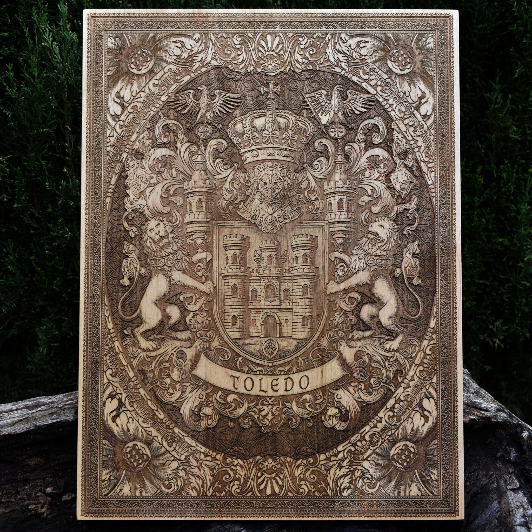 Engraved wood wall art of Toledo Spain coat of arms, historical city crest.