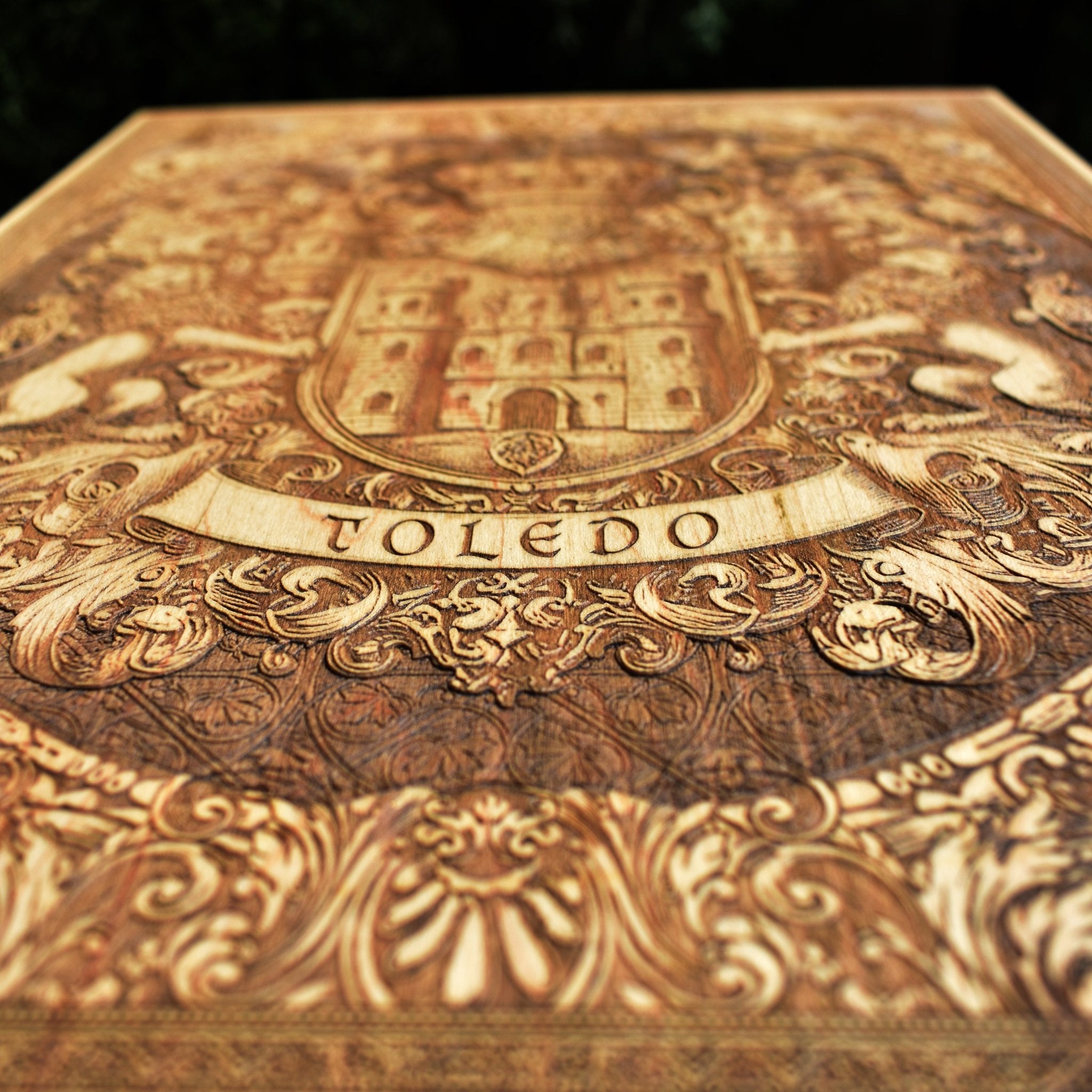 Laser-engraved Toledo city coat of arms, Spanish wall art gift idea.