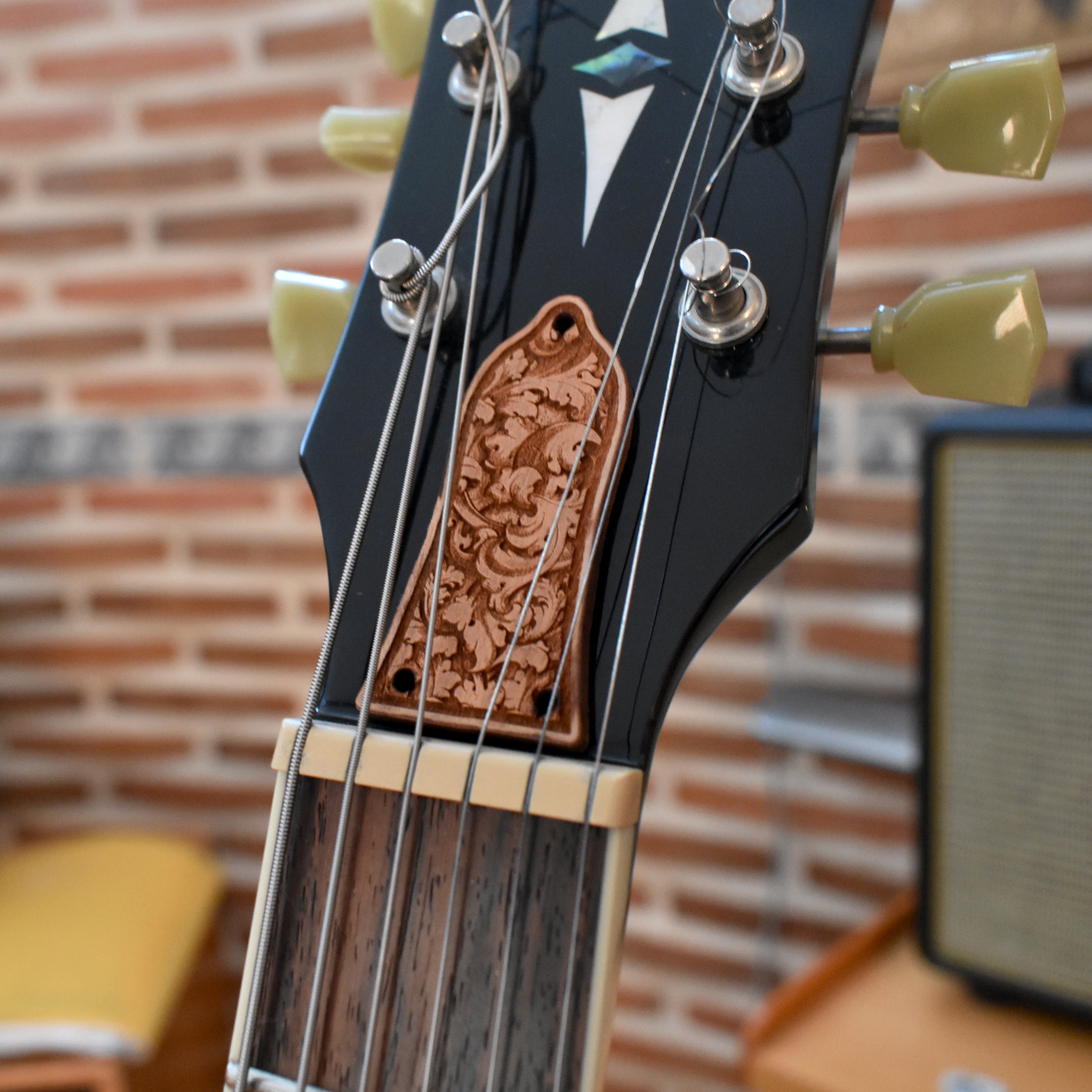 Truss Rod Cover for Epiphone Les Paul Embellishment 2 – gothic art, engraved wood, dark fantasy, skeleton design, artisan crafted