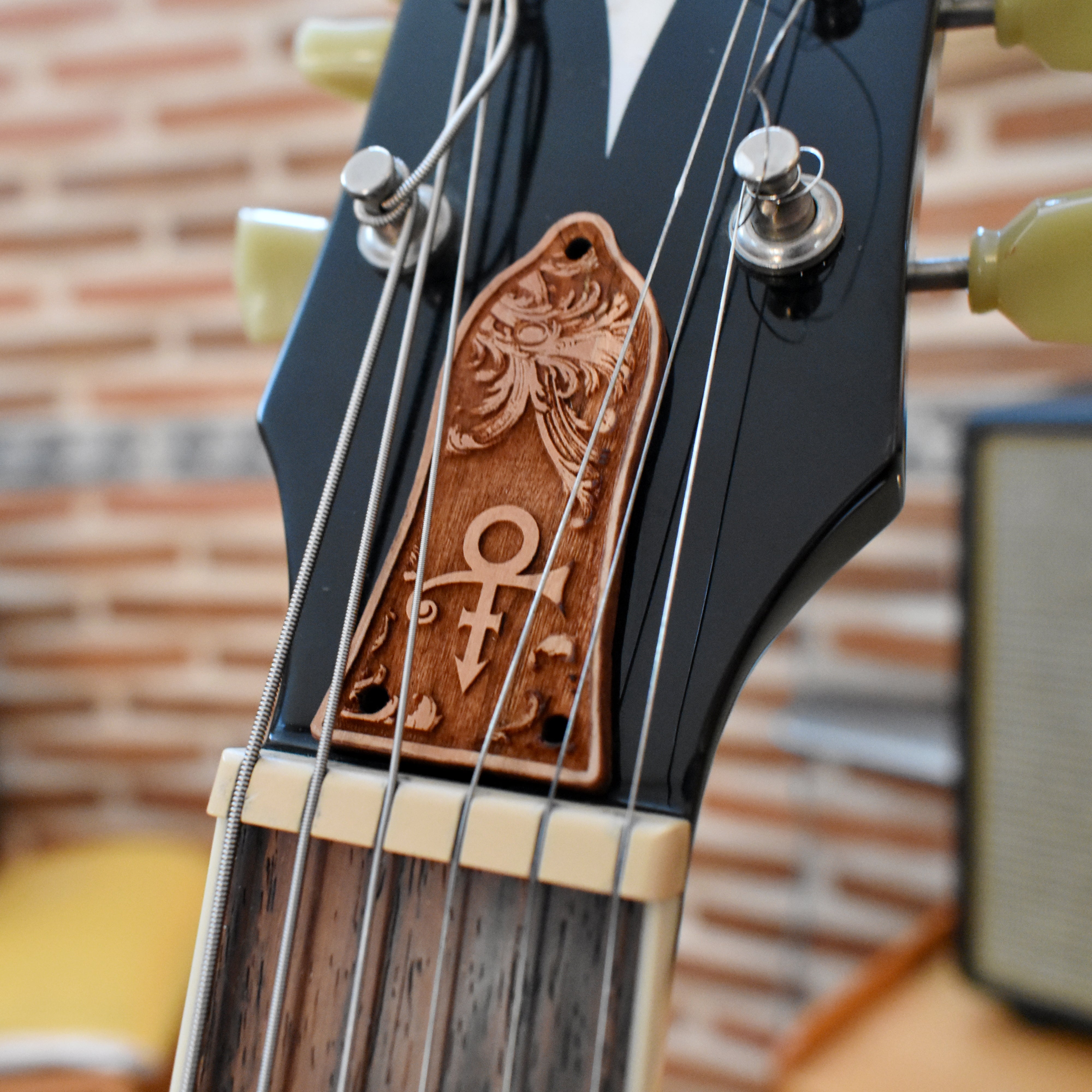 Truss Rod Cover for Epiphone Les Paul Prince – gothic art, engraved wood, dark fantasy, skeleton design, artisan crafted