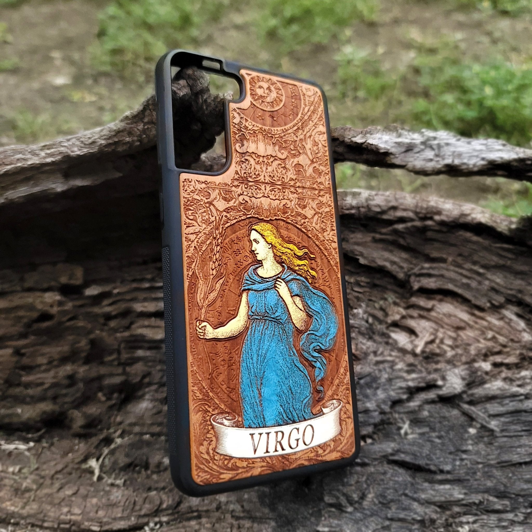 Hand-painted Virgo star sign on natural wood phone cover