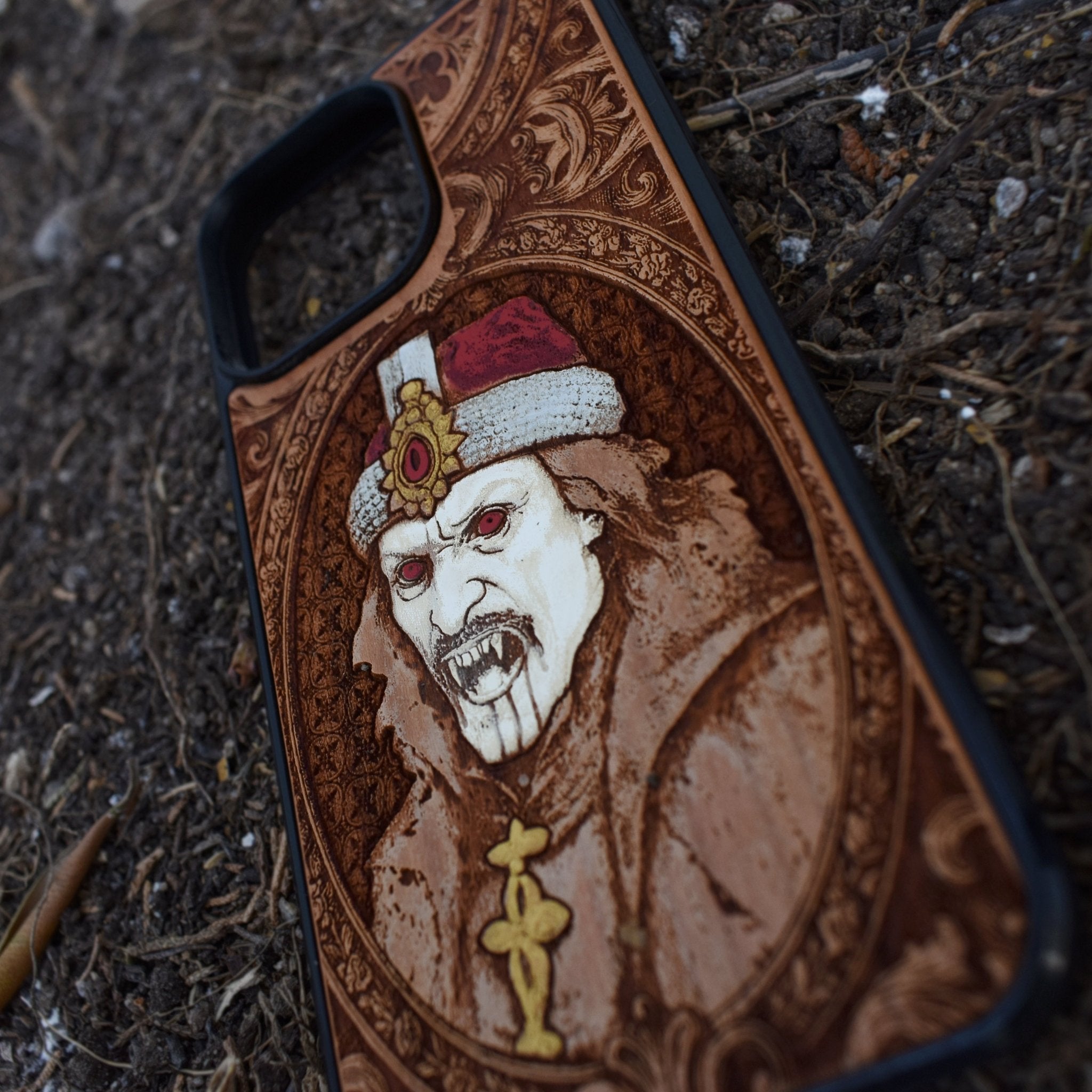Hand-painted Dracula vampire wood phone case with gothic art for iPhone –11 and Samsung Galaxy S–S20